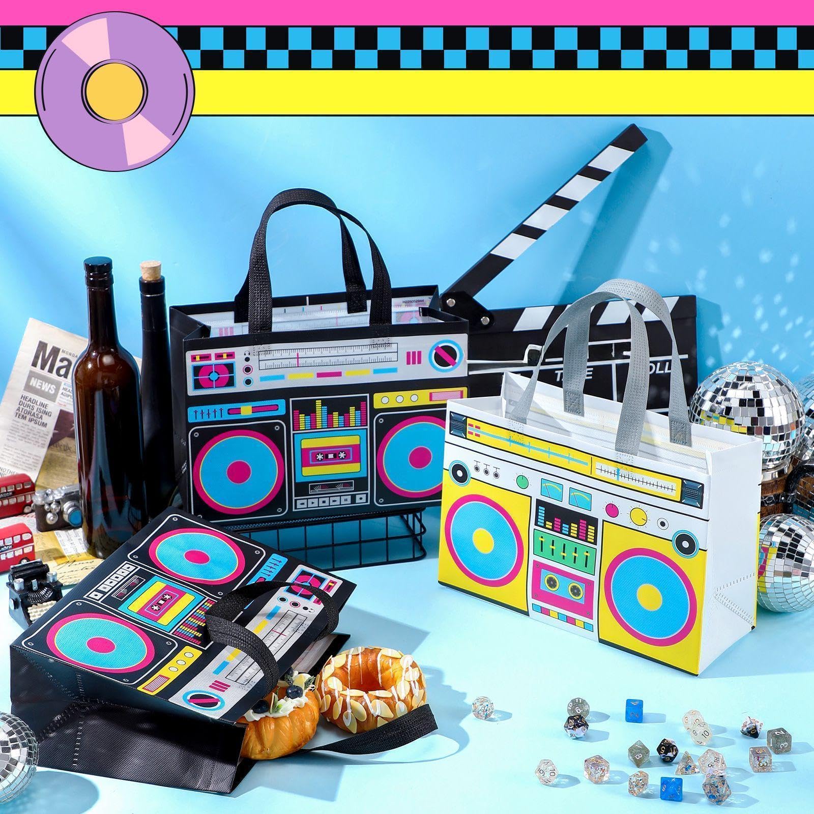 Locmeo Partytüten im Stil der 80er-90er-Jahre, nicht gewebt, Retro-Radio, Lebensmitteltüten für Hip-Hop, Geburtstag, Disco, Rock-Party, Schwarz, Gelb, 24 Stück