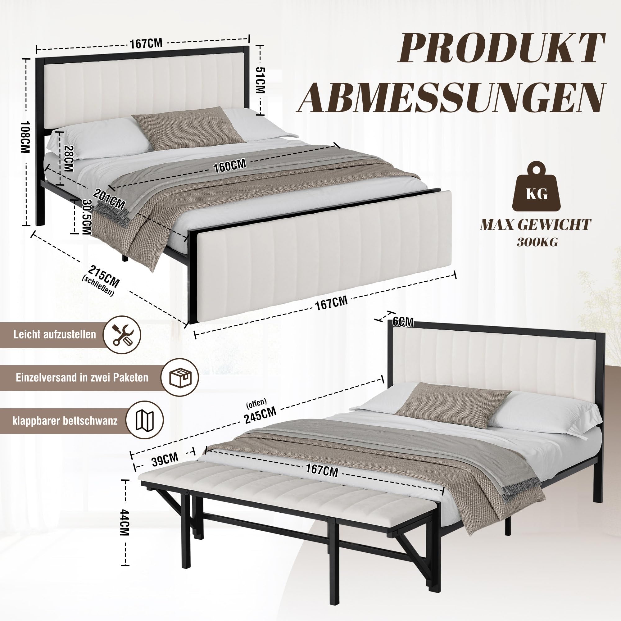 Samt Polsterbett 160x200 mit Endbank (Klappbar), Bettgestell aus Eisen, Doppelbett mit Lattenrost, Multifunktionsbett mit Stauraum, Bett für Jugendliche, Bett für Erwachsene, Flaches Bett, Beige