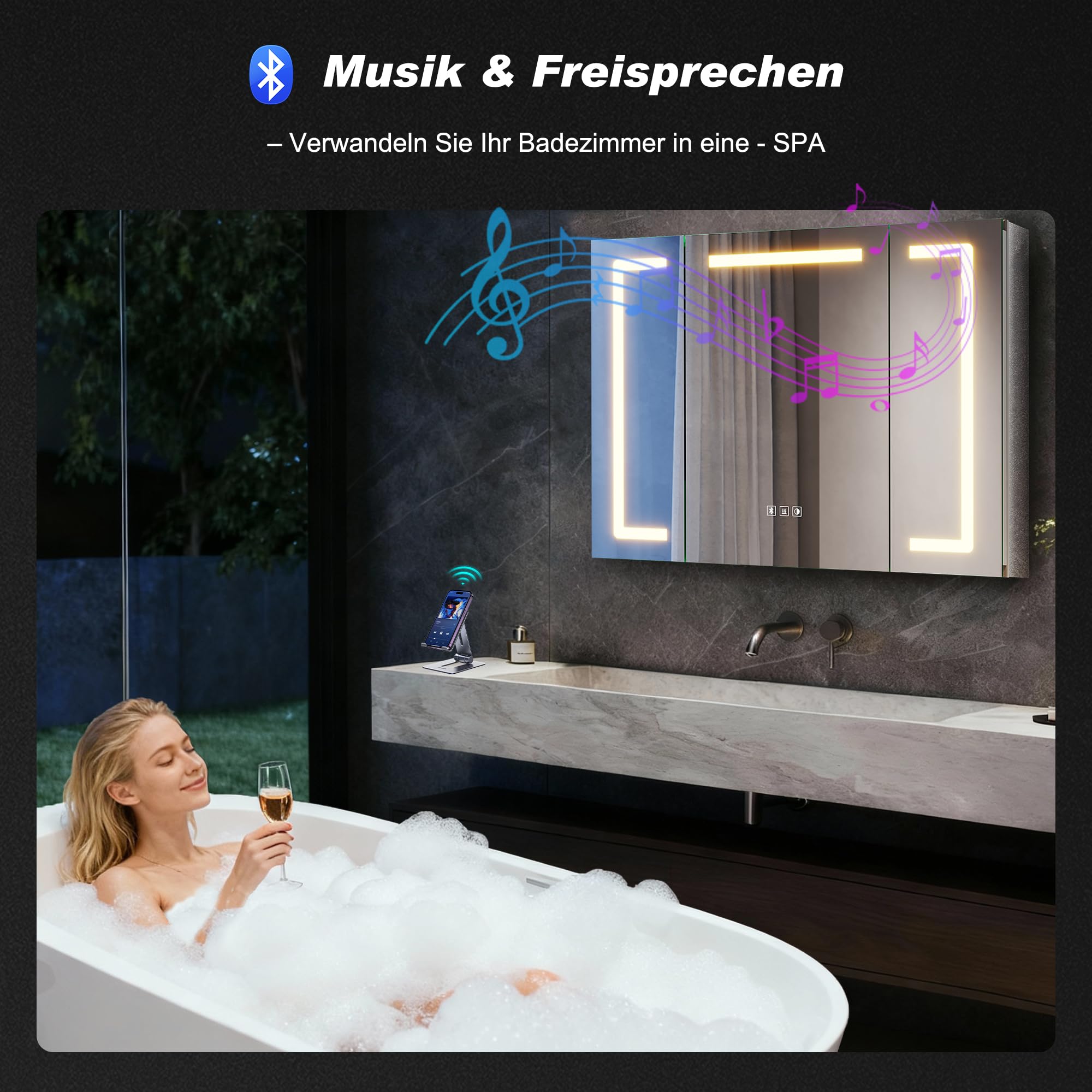 SONNI Szafka łazienkowa z lustrem LED, z Bluetooth, 80 x 60 cm, 3 drzwi, szafka z lustrem z zabezpieczeniem przed zaparowaniem, gniazdko, 3 kolory światła, możliwość ściemniania, aluminium, IP44