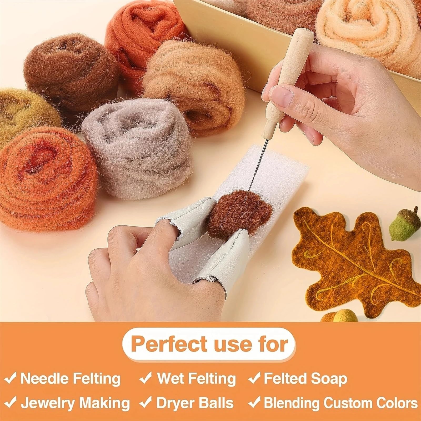 Laine à feutrer à l'aiguille Fibre naturelle laine roving, fil, aiguille feutrage, filage main, matériaux bricolage, fournitures artisanales, idéal créations DIY uniques(Brown 10 Packs)