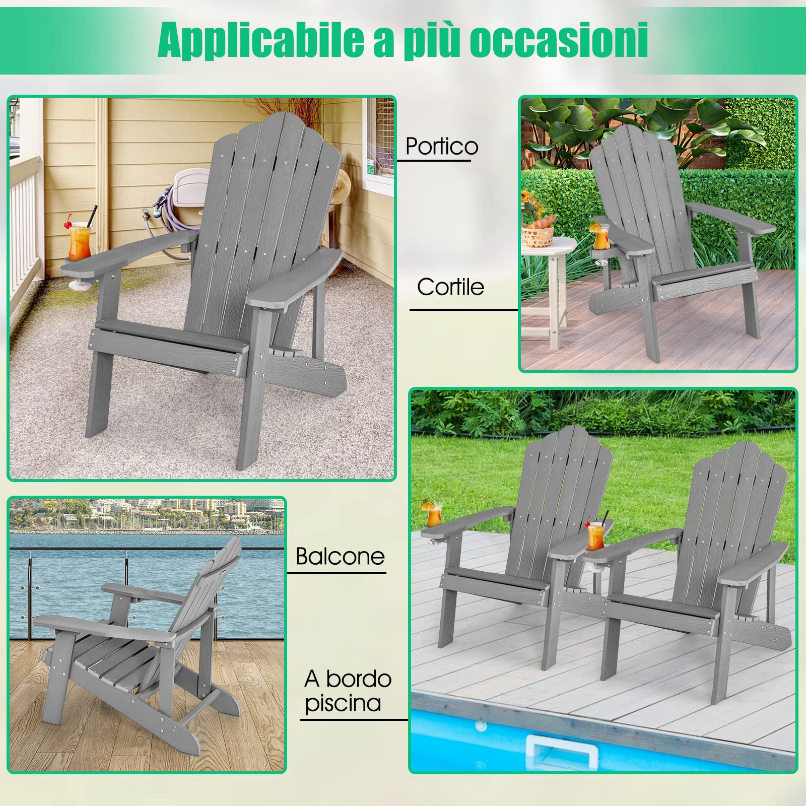 COSTWAY Sedia da Giardino Adirondack in HIPS, Sedia Adirondack con Portabicchieri, Poltrona da Esterno Resistente, per Giardino, Balcone, Piscina, Portata 150 kg (1, Grigio)