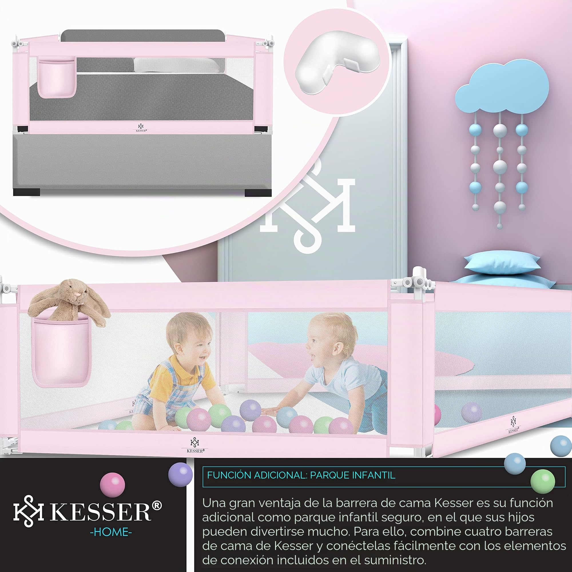 KESSER® Barrera de Cama de 180cm, para niños, Plegable, para Cuna, Cama Infantil, Protección contra Caídas, Cama y Cama con somier Alto: 72 hasta 96 cm, Rosa