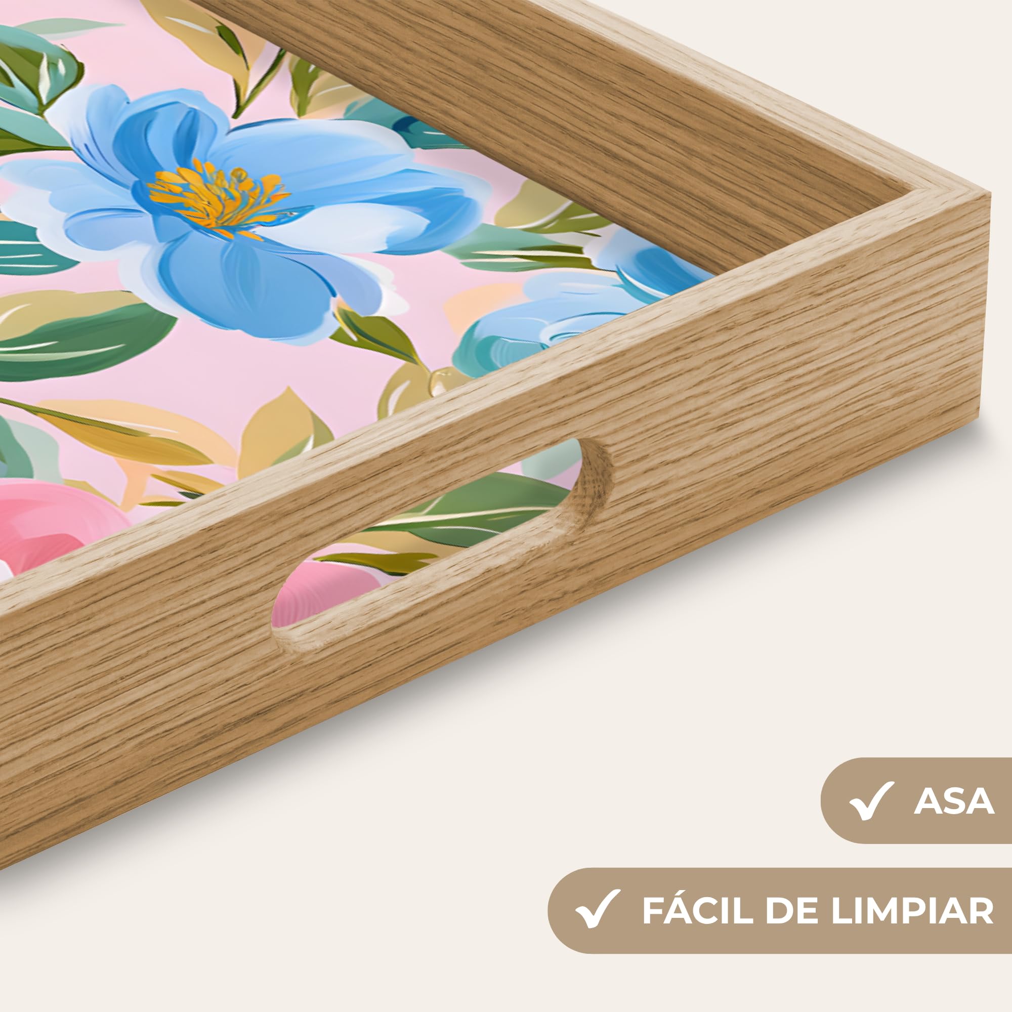 Bandeja De Madera Rectangular 50x35 cm Bandejas para Servir Comida Desayuno Decorativas Roble Cocina Tabuleiro Cafe Decoracion Azul - Rosa - Flores