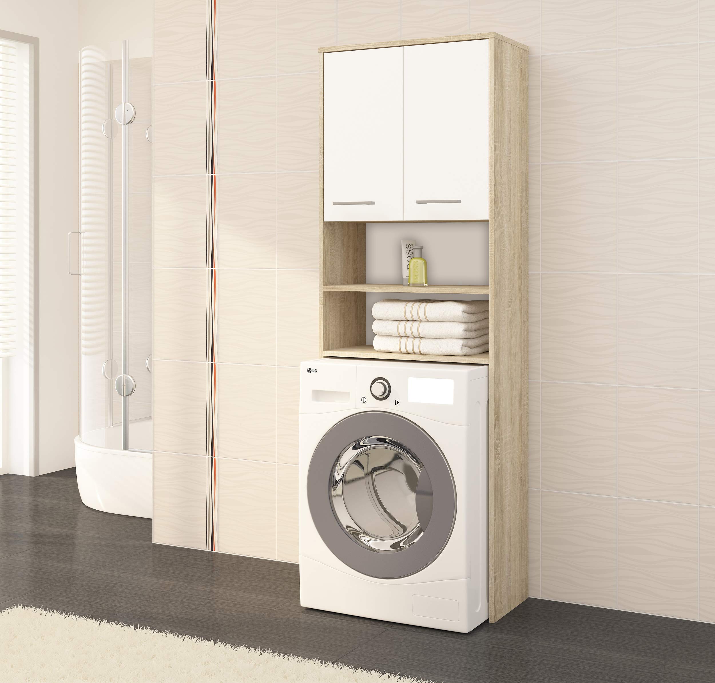AKORD Waschmaschinenumbauschrank FIN 64 cm | mit 2 Türen | Hängender Waschmaschinenschrank | Umbauschrank | B64 x H180 x T30 cm | Gewicht 29,50 kg | Sonoma Eiche/Weiß