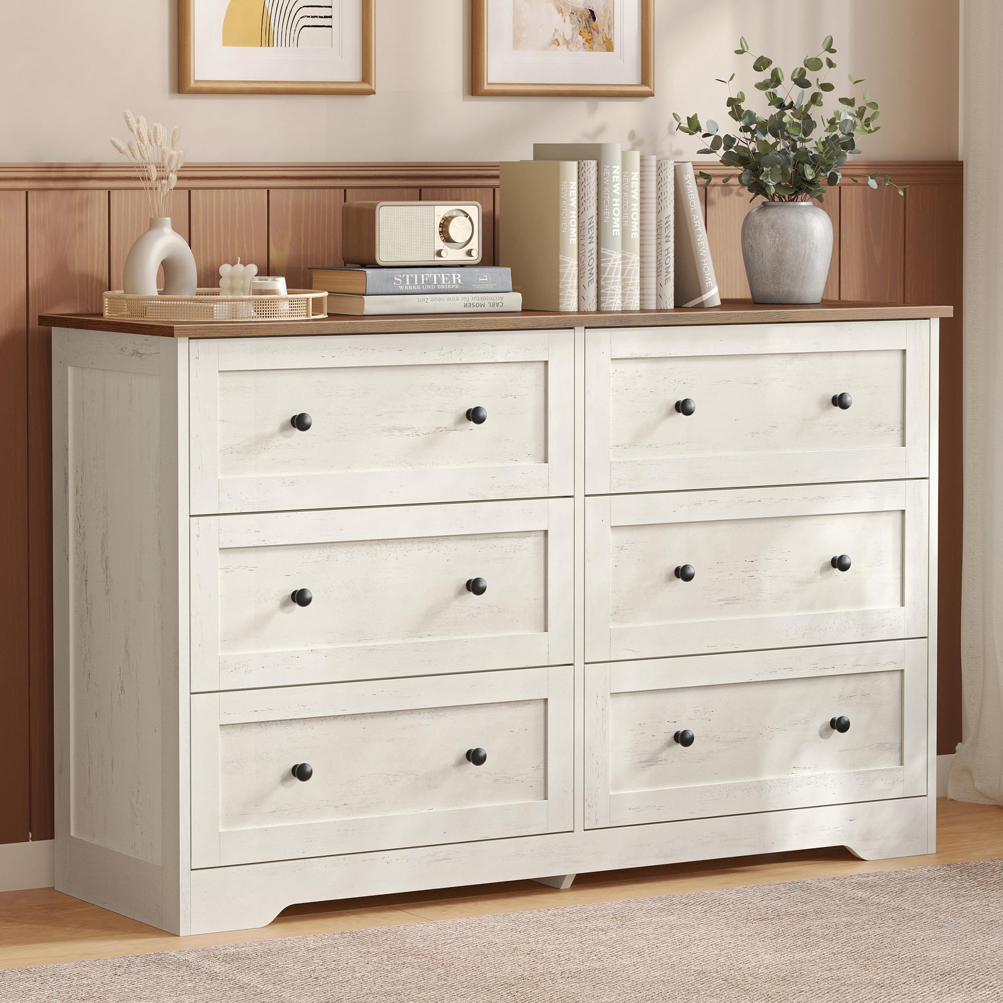 VASAGLE Kommode mit 6 Schubladen, Aufbewahrungsschrank aus Holzspanplatte und MDF, 120 x 40 x 78 cm, Weiß, Landhausstil, für Schlafzimmer, Flur, Siren Kollektion LTS663WJ01