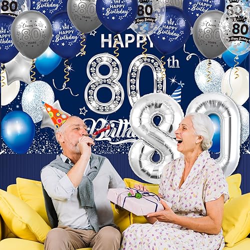 Miniatura 5 de Rumia Decoraciones de cumpleaños número 80, 131 piezas azul marino y plateado pancarta, mantel, fondos de aluminio, globos, servilletas, vasos,