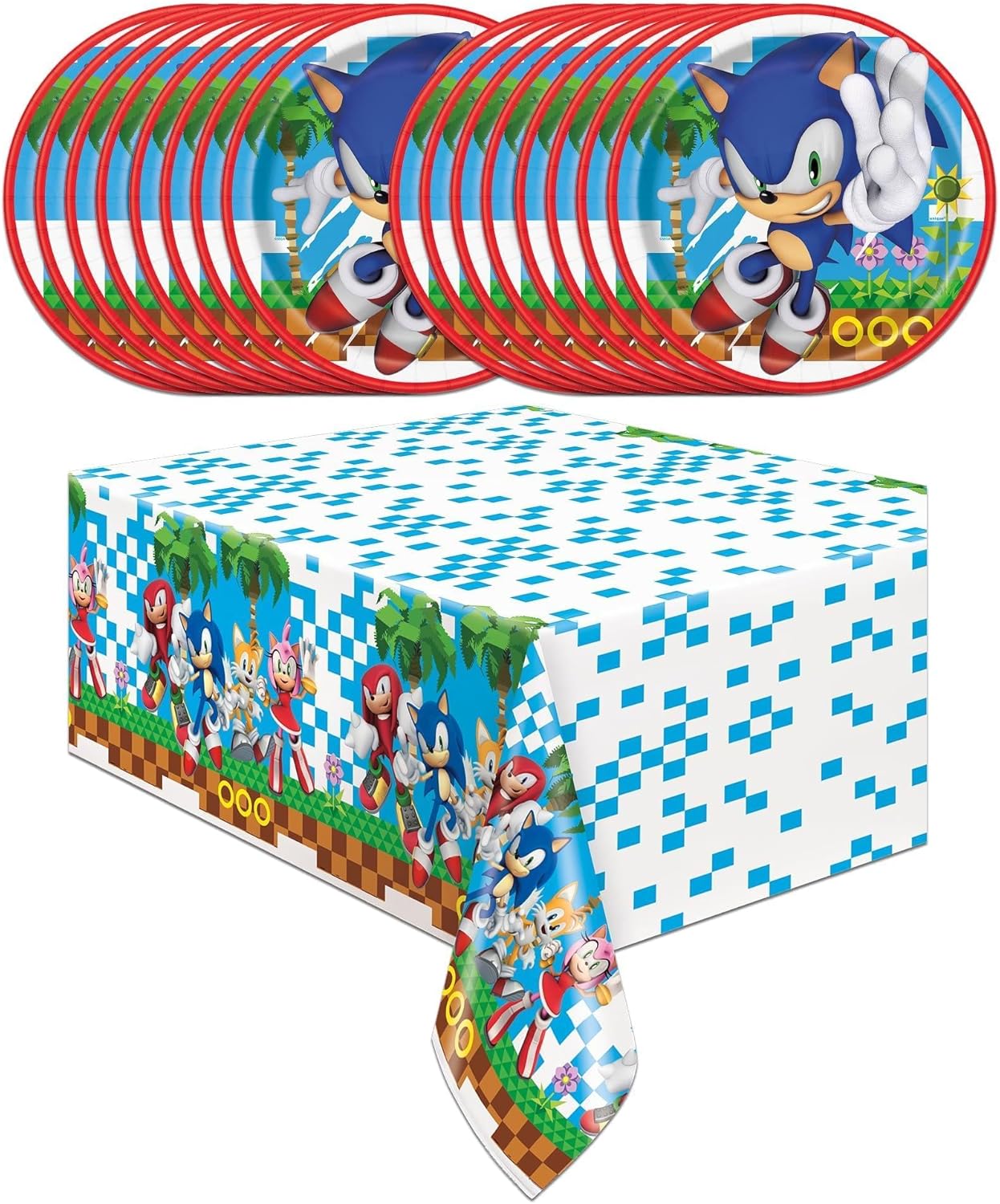 Unique Sonic the Hedgehog Party Supplies Plastic Table Cover and 16 Round 9” Plates with Celebrate With Me Sticker | Sonic Birthday Decorations for Kids