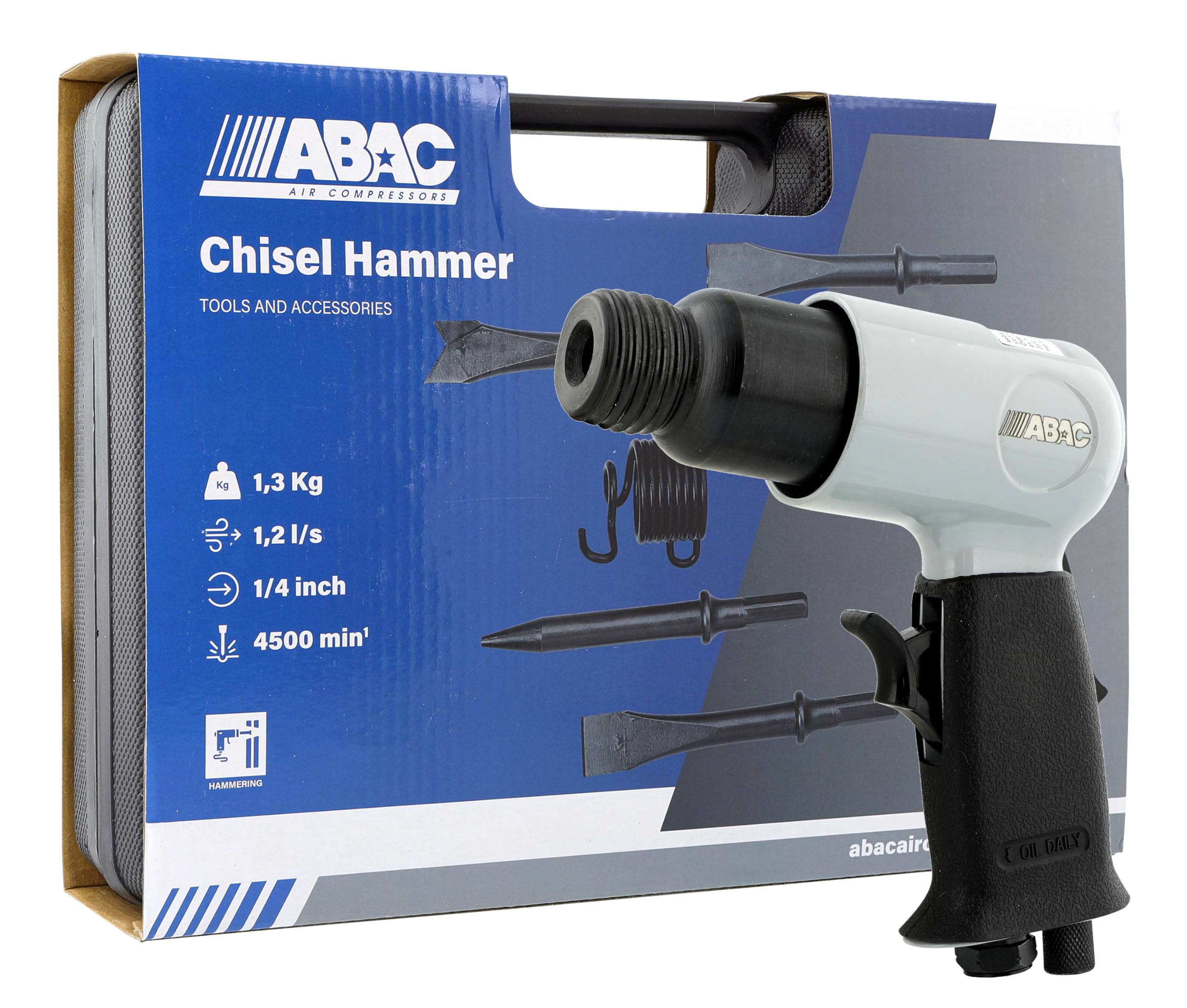 ABAC Burineur Pneaumatique G-425, Burineur avec Burins de 125 mm, Arrêt par Ressort, Mini Lubrificateur, Coups par Minute 4500 s/min, Pression Max. Pression 6.3 Bar