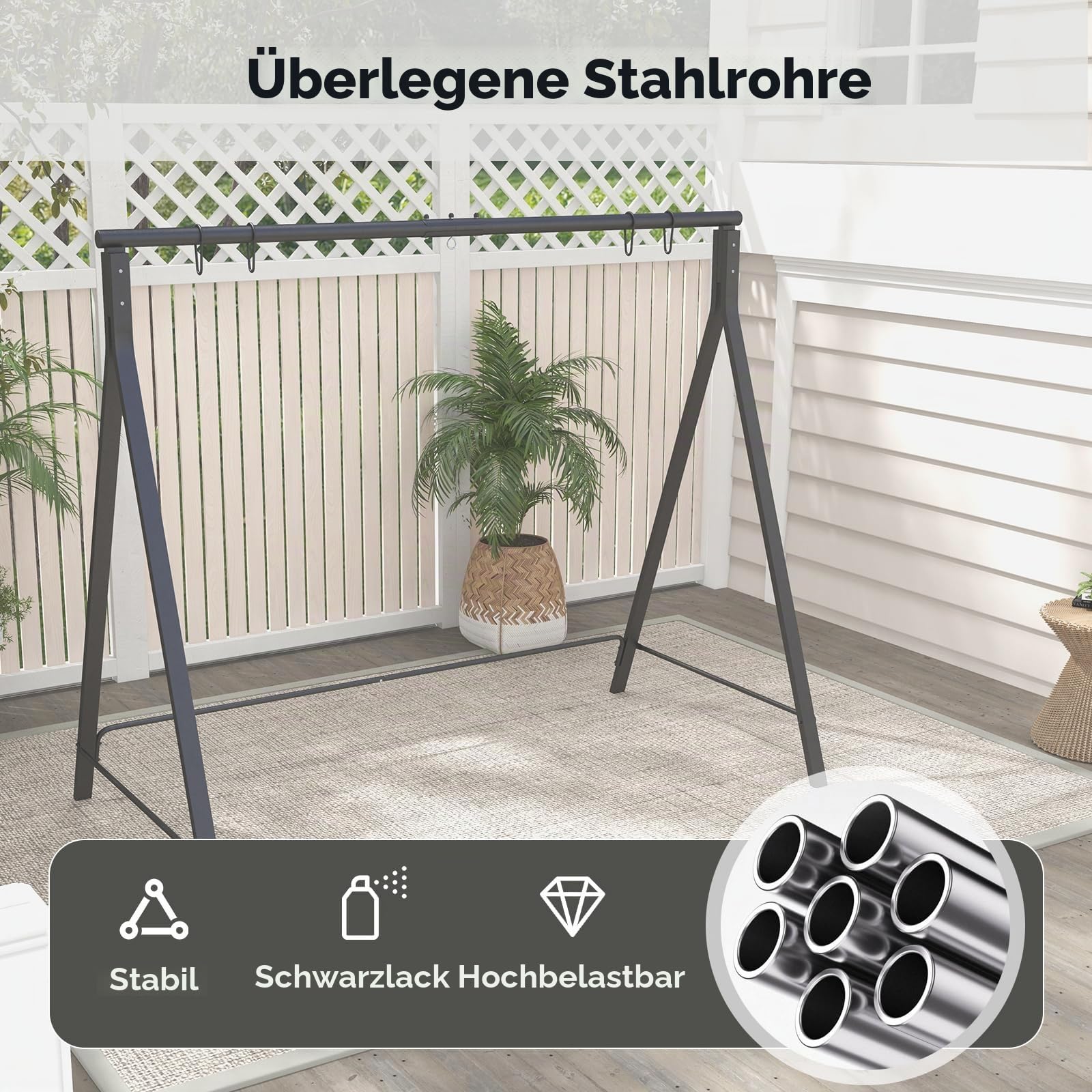 KOMFOTTEU Schaukelgestell Hängebankgestell, Schaukel Gestell für Hollywoodschaukel Schaukelbank, Gartenschaukel Rahmen aus Metall in A-Form, Schaukelständer mit 5 Aufhängeringen, 210x115x175 cm