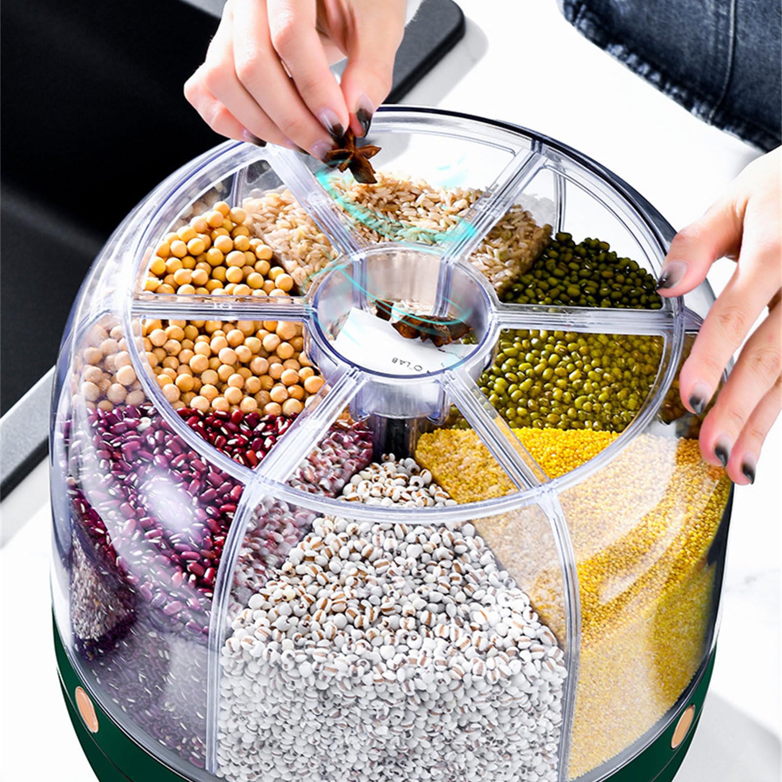 Contenitore per alimenti secchi con 6 sezioni staccabili Dispenser di riso rotante a 360 gradi Porta alimenti da cucina Contenitore per noci e fagioli