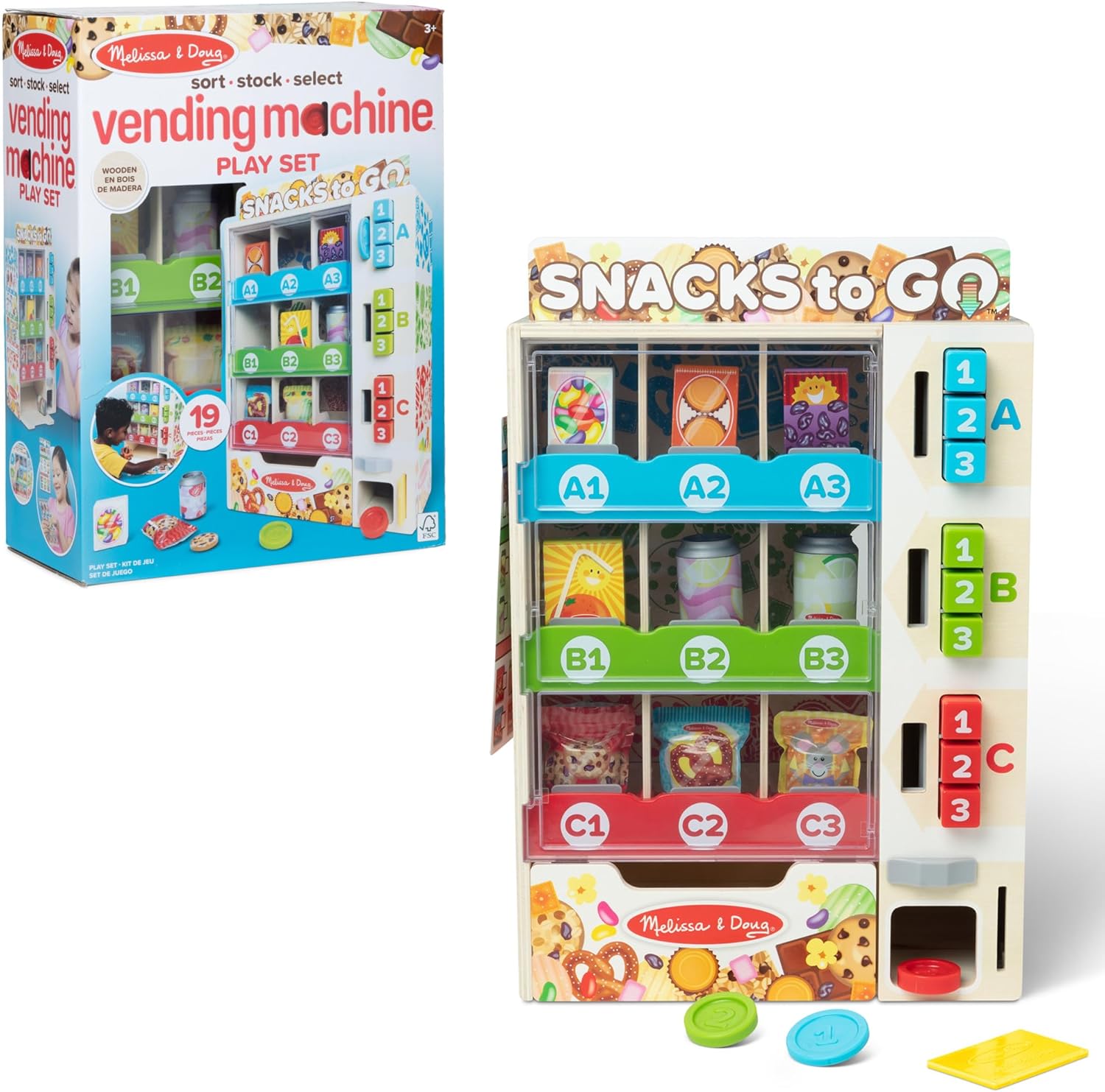 The Melissa & Doug Wooden Vending Machine Play Set, showing the front of the machine with play food stocked and play money in front.