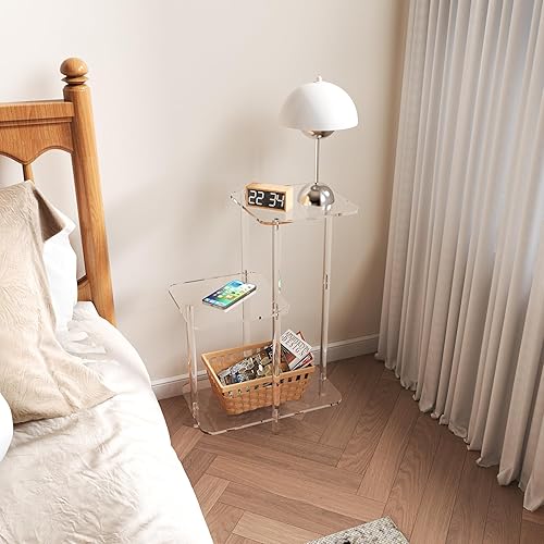 Miniatura 13 de Eglaf Mesa auxiliar redonda de acrílico – Mesa auxiliar de 3 niveles – Mesita de noche transparente pequeña mesita de noche decorativa para sala de