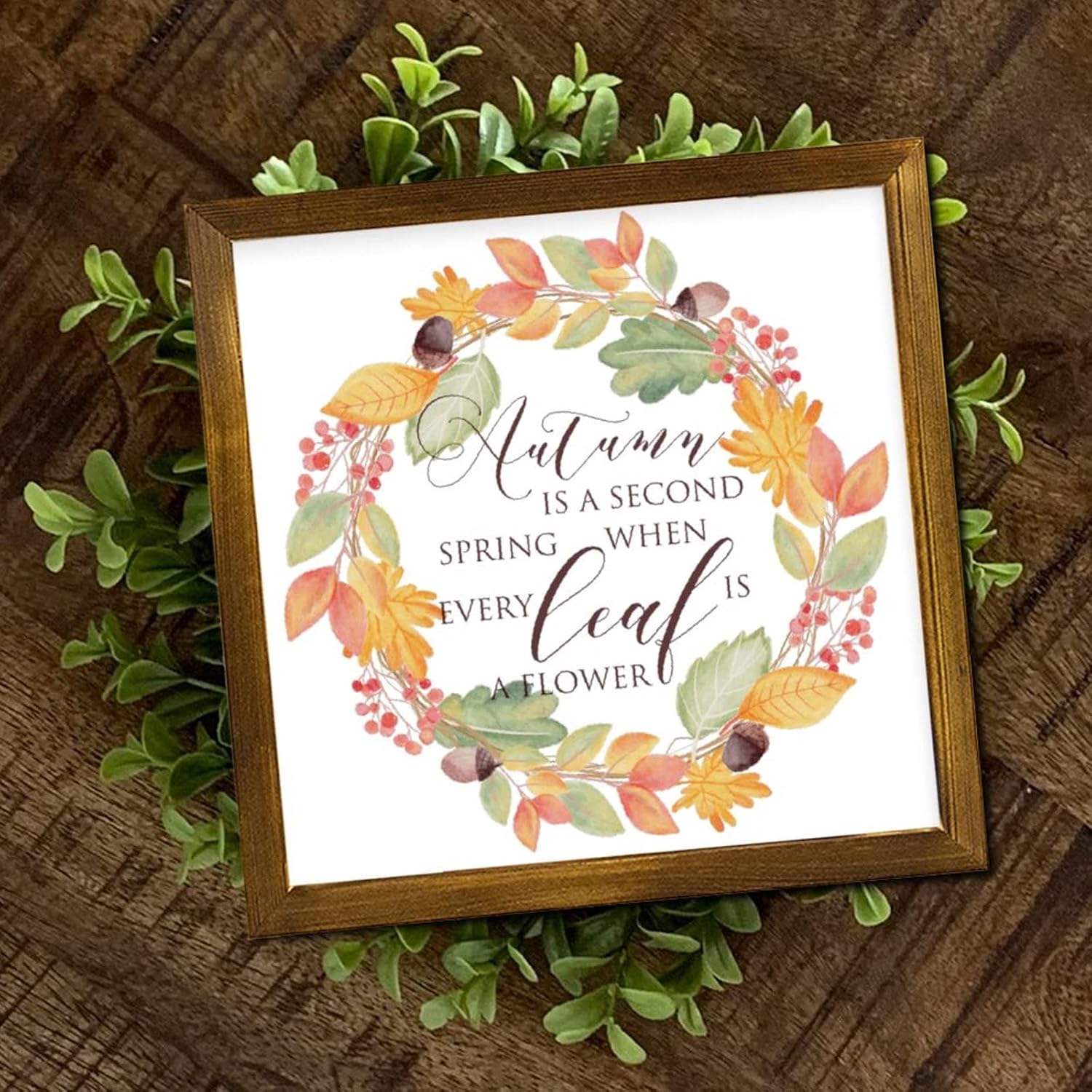 Autumn is A Second Spring Framed Wooden Signs Fall Maple Leaves Wreath Wooden Wall Sign Rustic Harvest Thanksgiving Wood Decor Farmhouse Wall Hanging Plaque for Home Bedroom Living Room 12x12 inch