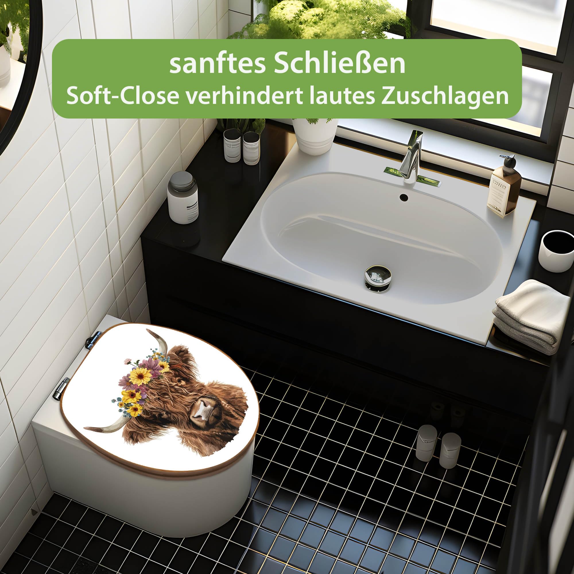 banjado Design WC Sitz Bambus Absenkautomatik 45,8x37,5cm - Toilettendeckel mit Absenkautomatik Holz - hochwertiger Bambus Klodeckel - WC-Sitz für gängigen Toiletten - Motiv Hochlandkuh mit Blumenkron