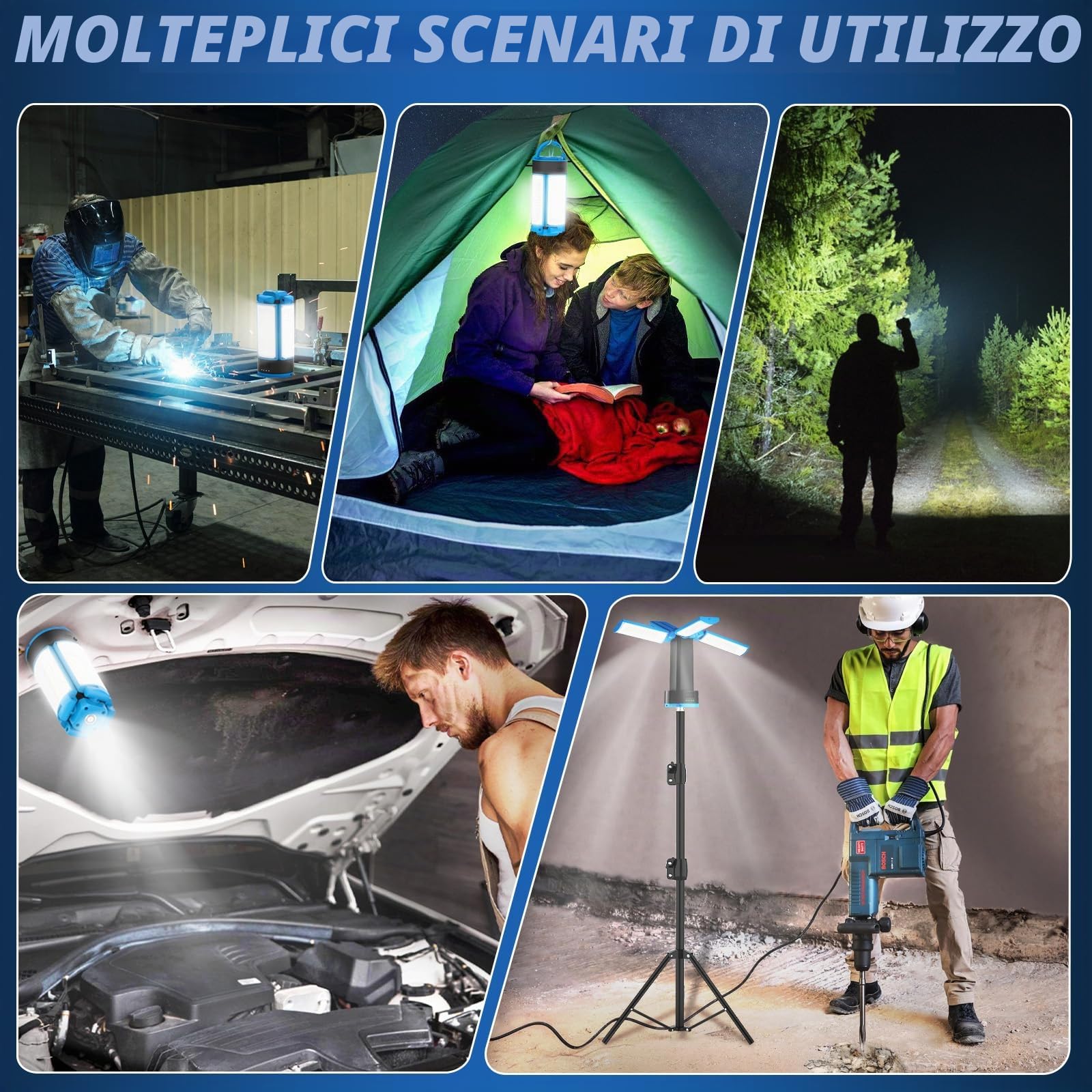 Proiettore Ricaricabile a LED con Treppiede Telescopico 10400mAh Proiettore da Cantiere 4 Modalità, 6000K Faro da Lavoro Cordless con Borsa da Trasporto per Garage, Campeggio, Esterni, Interni