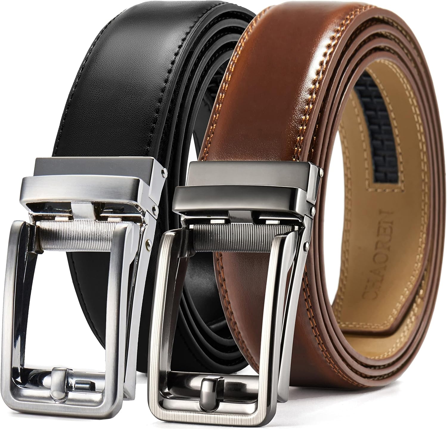 CHAOREN Click Belts for Men 2 Pack - Mens Ratchet Leather Belt 1 3/8" for Dress and Casual - Micro Adjustable Belt Fit