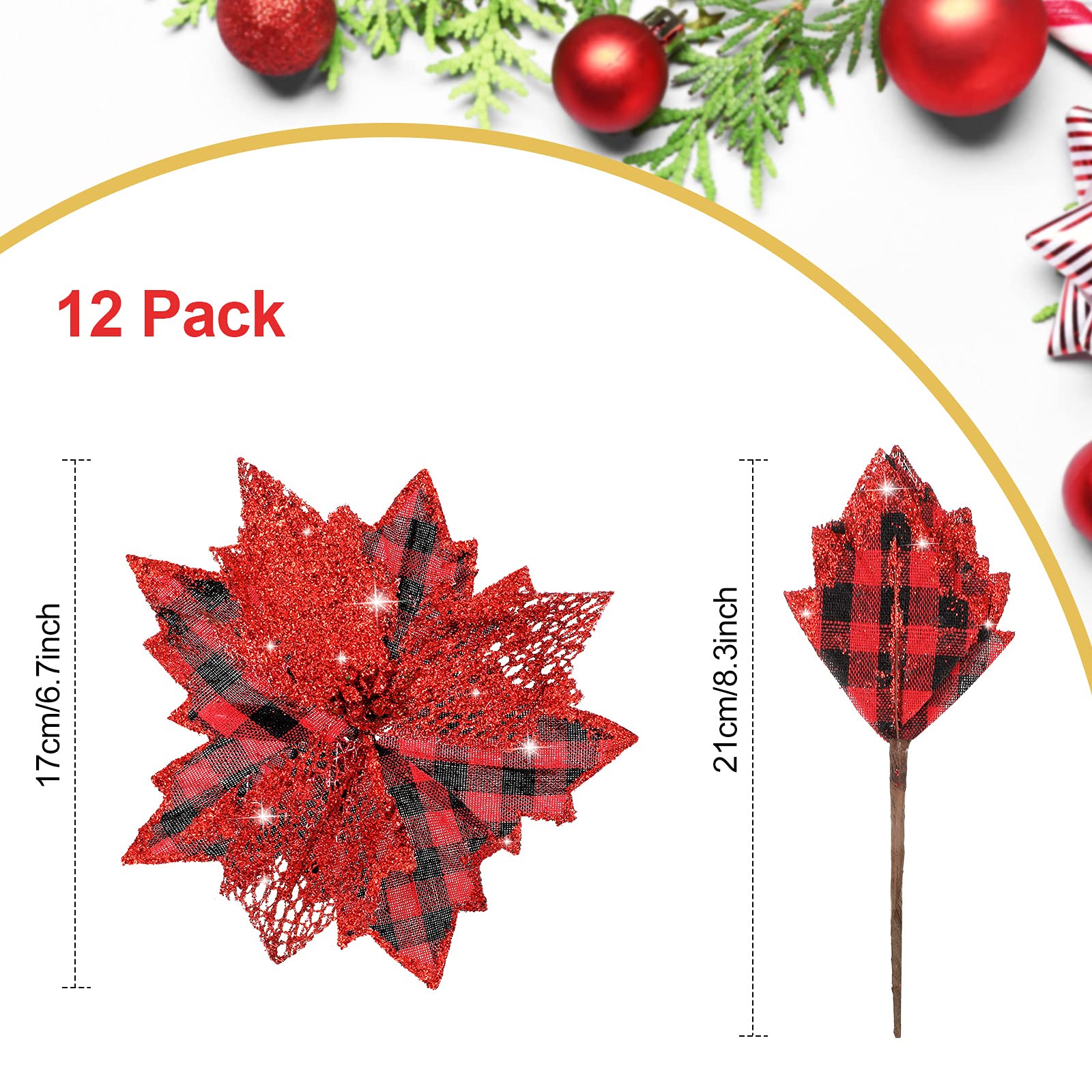 Grand Toppers de N UD 12 X 33 Pouces Noeud de Noël Suspendu Décoratif Ornements d'arbre de Noël Fleurs de Noël Artificielles avec Ruban pour Arbre de Noël (Carreaux Buffalo Rouge Noir)