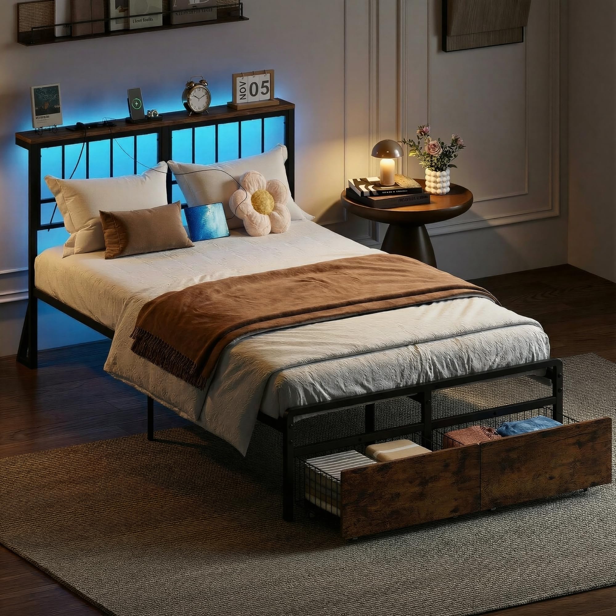 IRONCK Letto 120 x 200 cm con Illuminazione a LED, Struttura Letto 120x200 cm con 2 Cassetti, Letto Singolo con 2 Prese AC 1 Porta USB 1 Porta Type-C, con Rete a Doghe in Meta