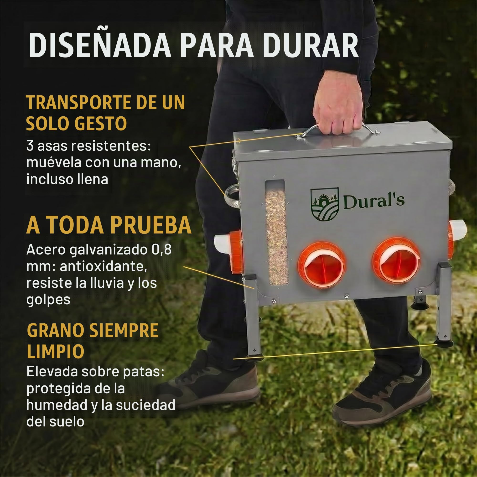 Dural's® Comedero Gallinas Anti Ratas Antipájaros 18 kg – Dispensador Automático de Pienso en Acero Galvanizado, 6 Puertos y Ventana de Nivel – Comedero para Gallinas Exterior Gallinero