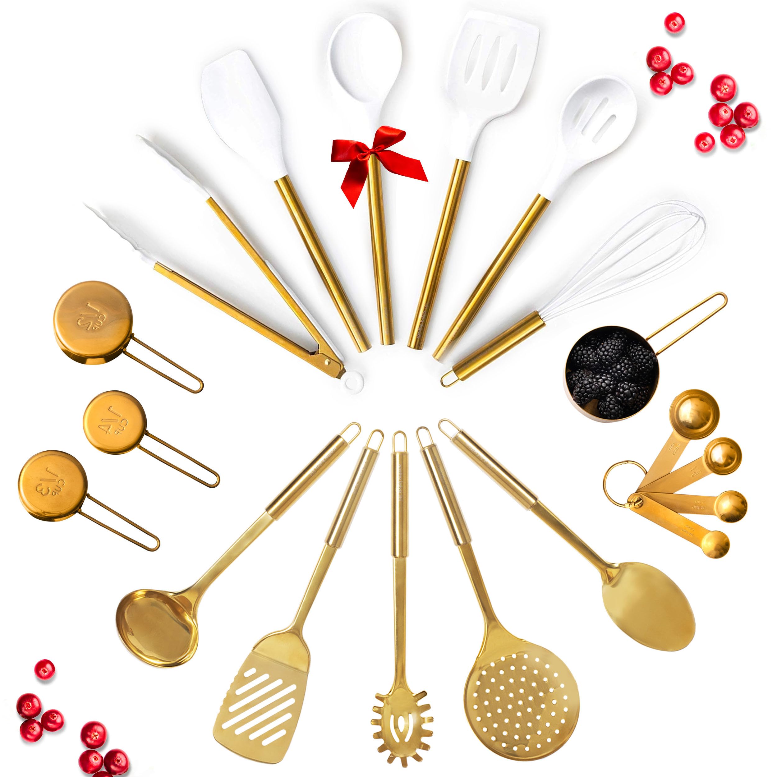 Gold Kitchen Utensils Set - 19-Piece Set Includes Stainless Steel Gold Utensils, White Silicone Tools, and Measuring Cups and Spoons - Luxury Kitchen Accessories for Modern Cooking, Serving, & Gifting