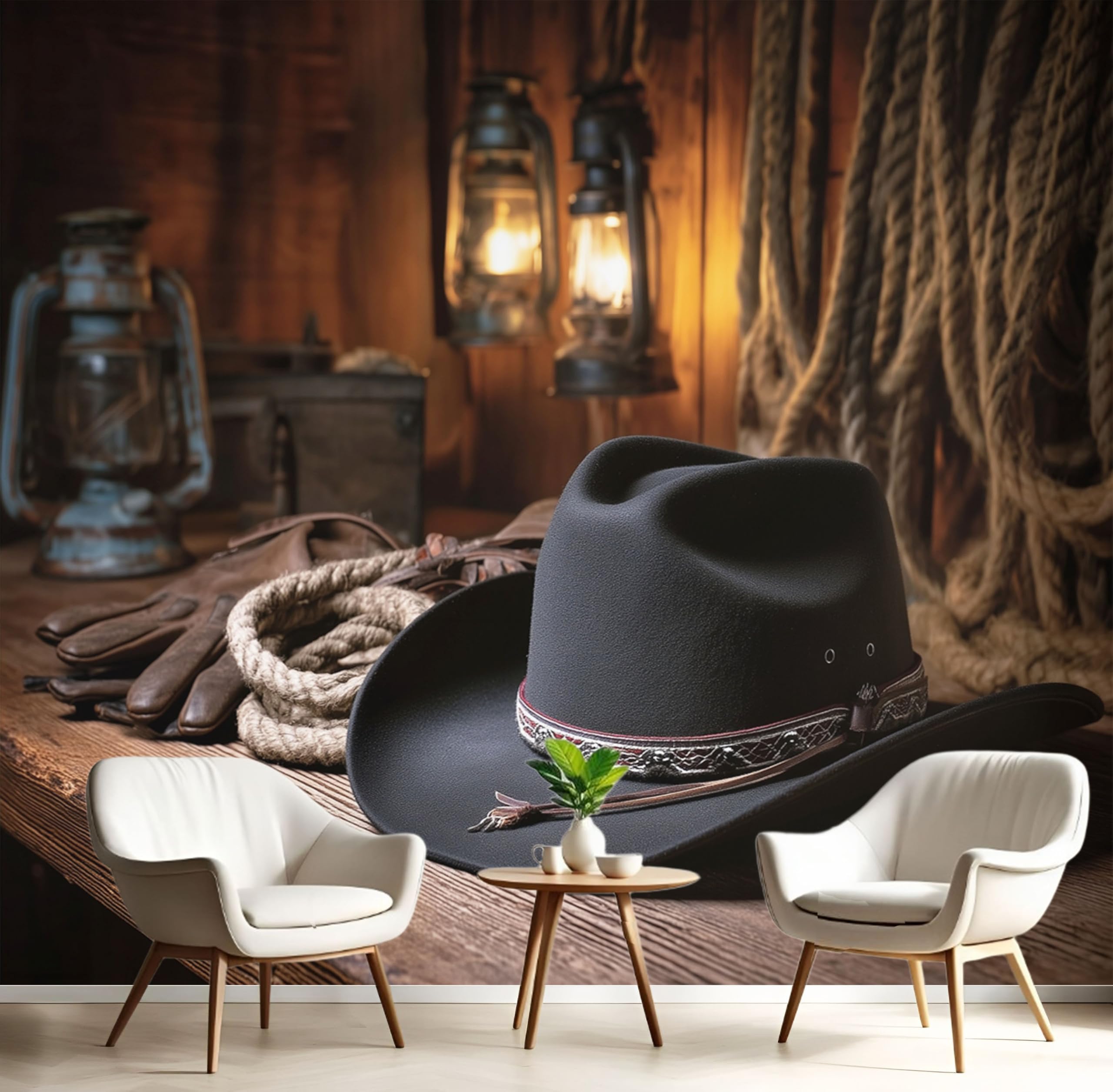Papier peint panoramique ouest pour agrandir un salon et masquer un mur vide