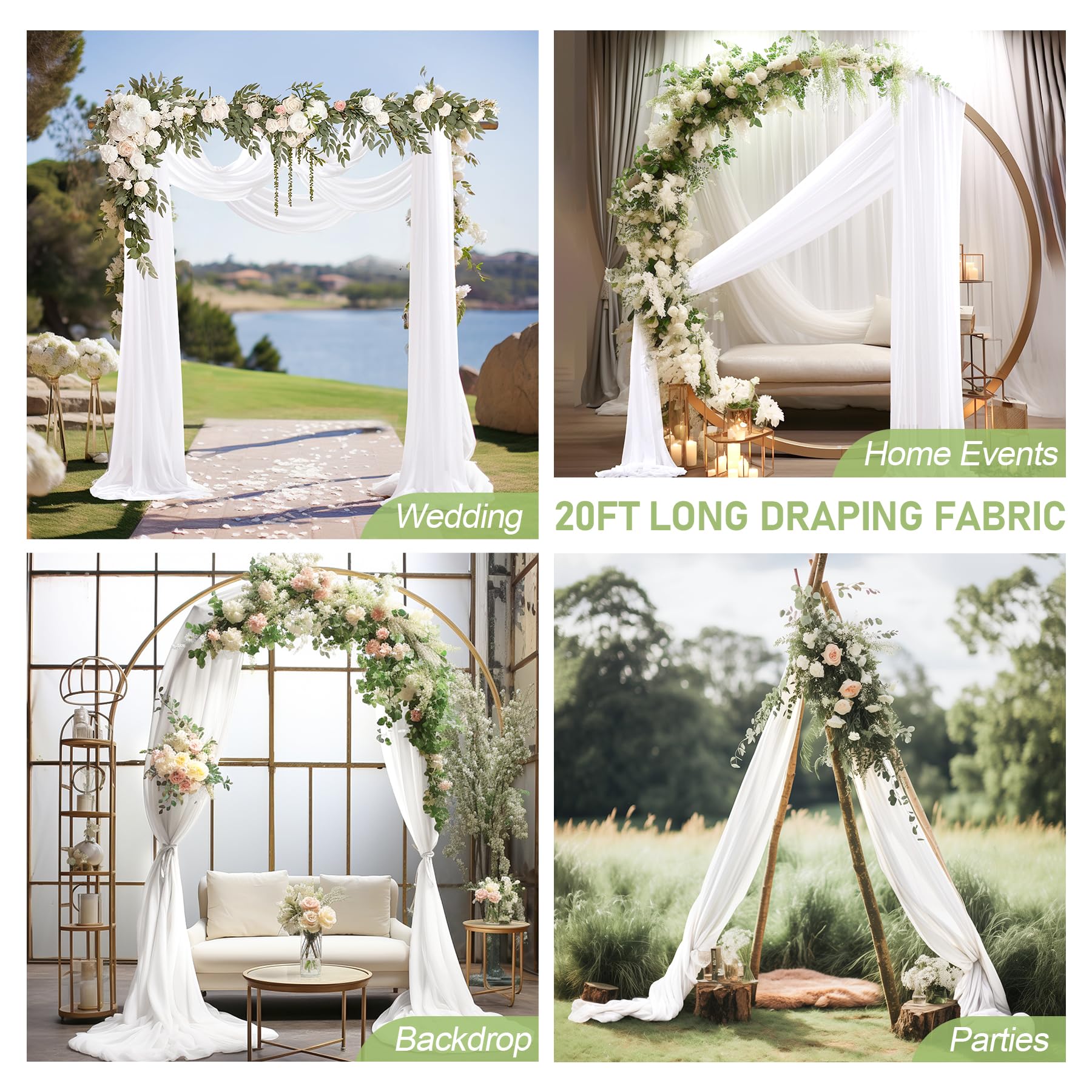 Drapierstoff für Hochzeitsbögen, 76,2 x 6,2 m, 3 Paneele, weiß, durchscheinend, extra breite und lange Hintergrundvorhänge für Hochzeitsbögen, Zeremonie, Geburtstag, Party-Dekorationen