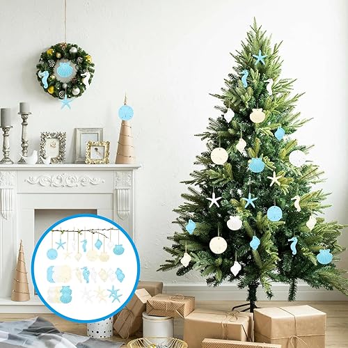 Miniatura 5 de 30 piezas de adornos de estrella de mar de resina, caballito de mar, erizo de mar, concha y conchas marinas con cuerda para árbol de Navidad,