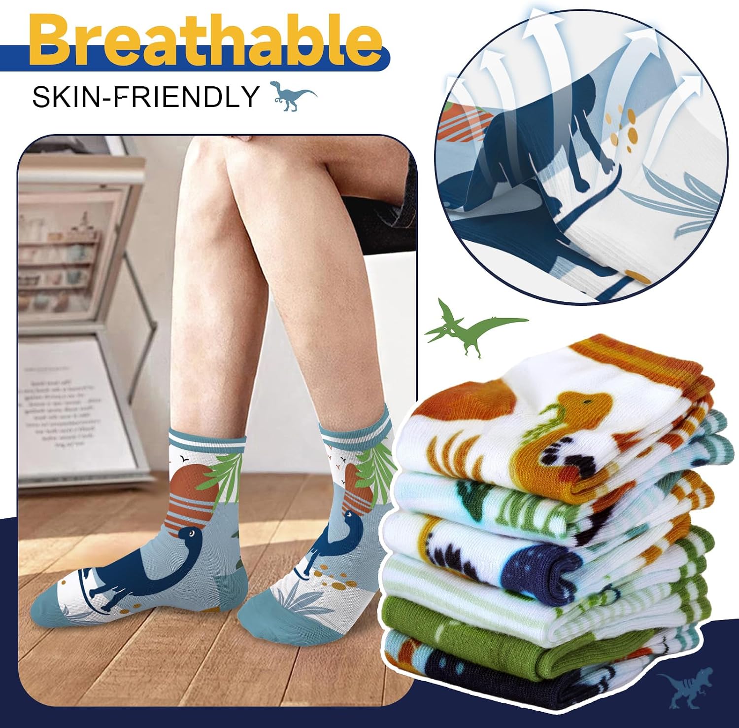 Boys Girls Socks Ocean Animal Monster Pirate Dinosaur Space Printed Pattern Fun Crew Ankle 6 Pairs 1-14Y Kids Gift