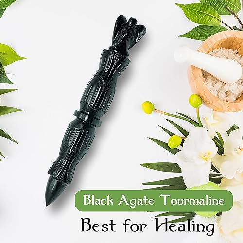 Miniatura 3 de Black Agate Turmalina Metafísica Curativa Varita  6.0 in tallado a mano lápiz de piedras preciosas para meditación masaje Pagan  Dynamic Energy