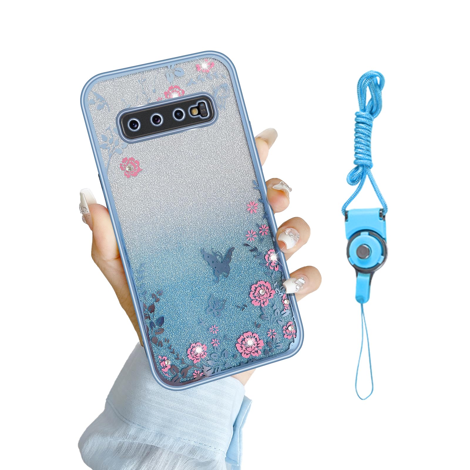 for S10 Plus Case, Galaxy S10 Plus Case for Women Gradual Change Glitter Crystal TPU Butterfly Floral Heart Clear Protective Cover with Strap for Samsung Galaxy S10 Plus 2019 (Blue)