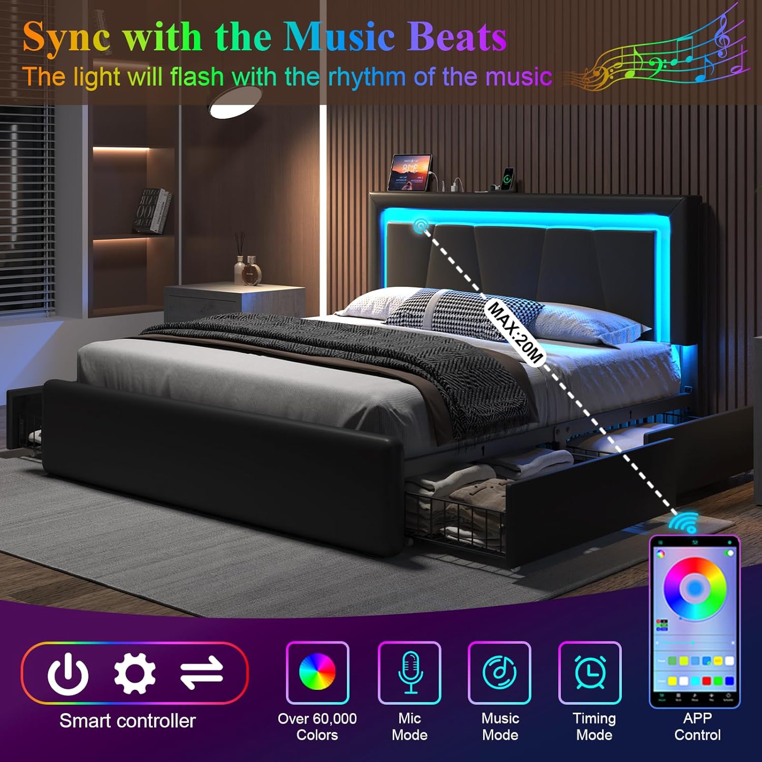 Queen Size Bed Frame with 4 Storage Drawers and LED Lights, Upholstered Platform Bed with Adjustable Headboard and Charging Station, Metal Slats Support, No Box Spring Needed,Easy Assembly, Black Queen Black