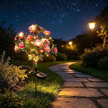 27.5in Solar Light Outdoor Ground Azalea Artificial Plants Garden Lights Waterproof Solar Stake Lights Lawns Decor for Yard Patio Pathways Fourth of July Decorations Birthday Gifts
