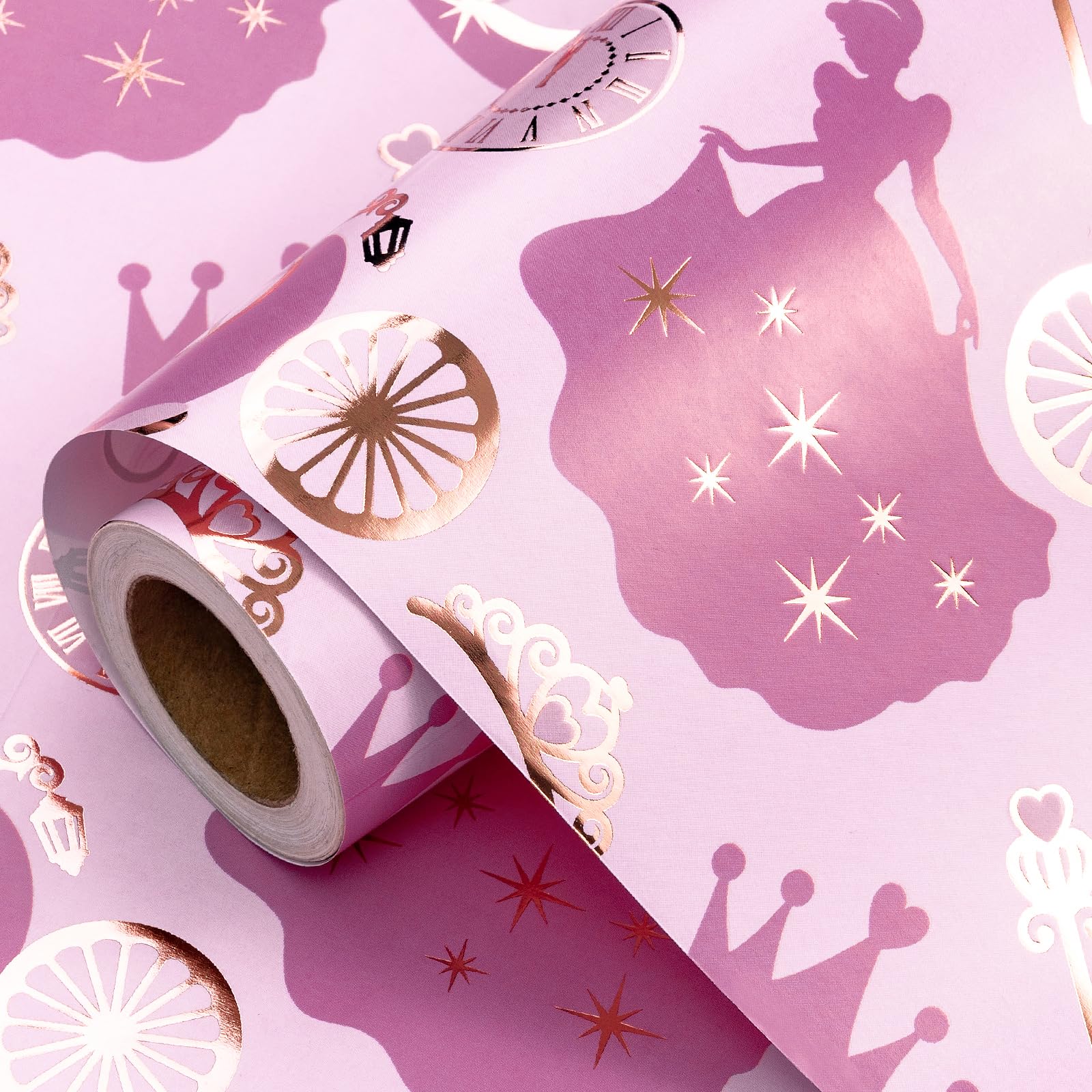 RUSPEPA Mini Princess Wrapping Paper Pink Fairy Tale Castle Carriage Crown Gold Foil For Girls Birthdays Parties 43.2cm x 5m — image 1