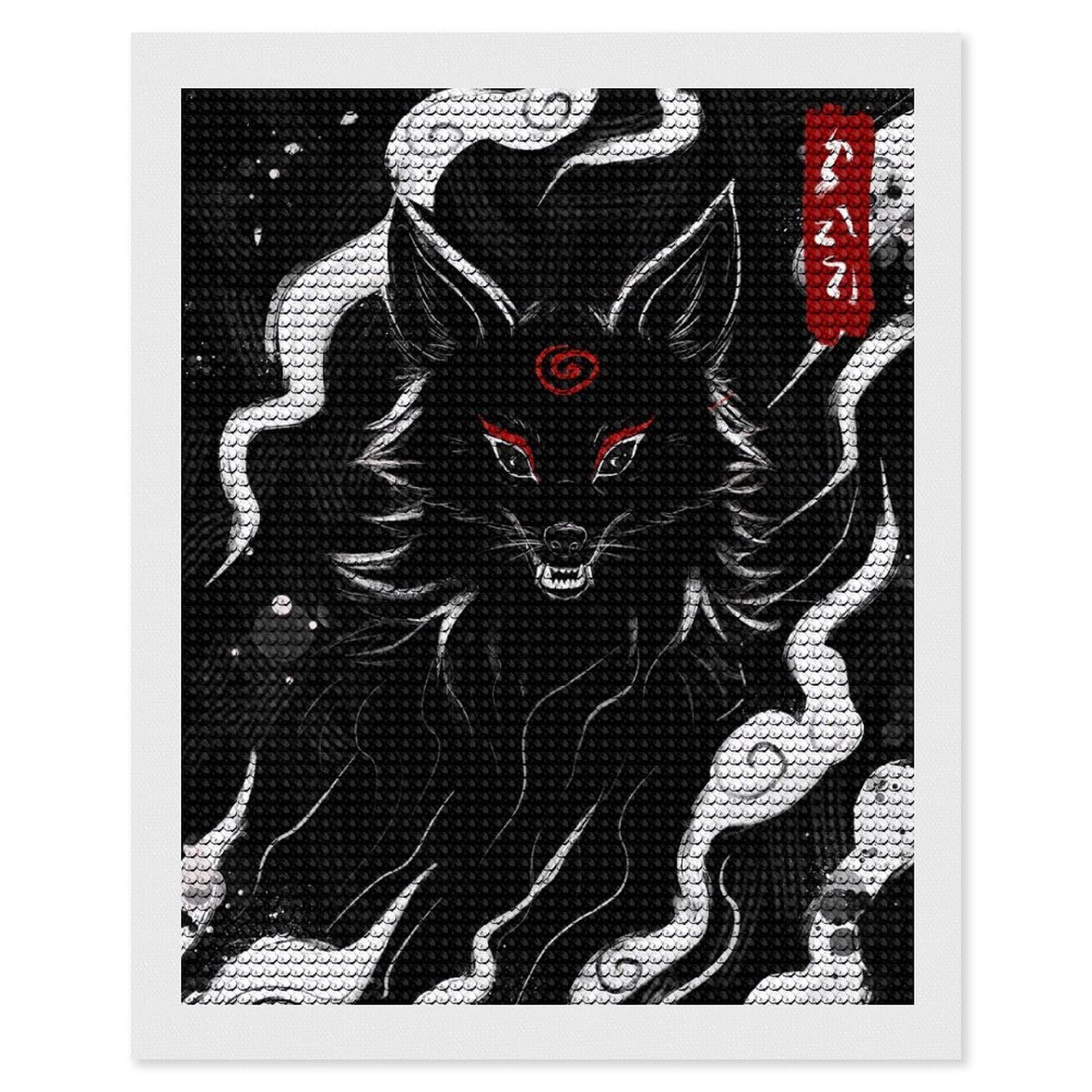 Junmoney Black Wolf with Red Markings Illustration Diamond Painting Canvas Set 16"x20", Mindful Craft Activity, Nice Detail and Sparkle, Farmhouse Decor, Birthday Gift