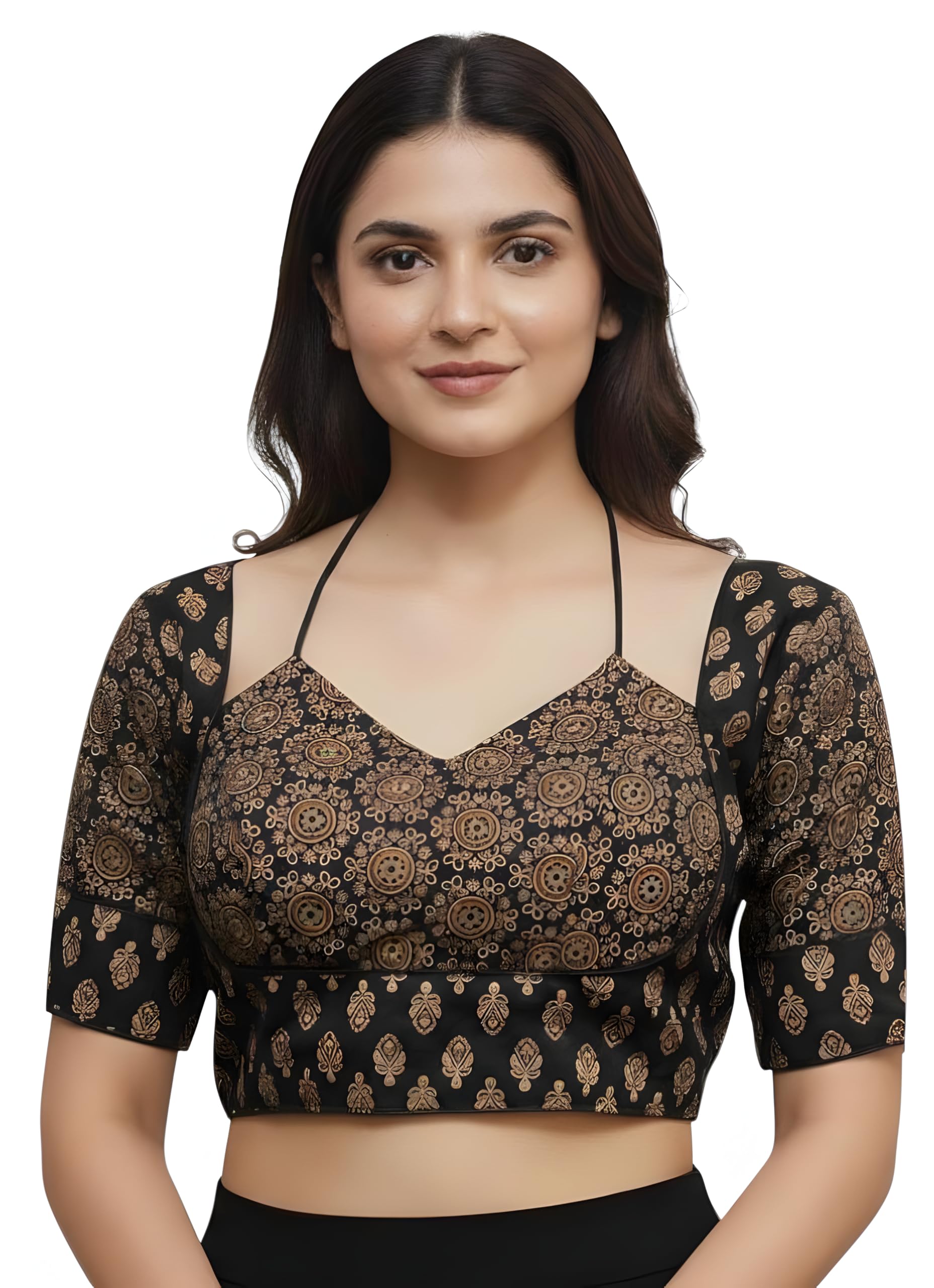 hubnic Women's Ajrakh Cotton Printed Readymade Blouse | Padded V-Neck Saree Blouse | Back Tie-Up Design | Soft Cotton Fabric | Stylish Ethnic Blouse for Saree & Lehenga-picture-49