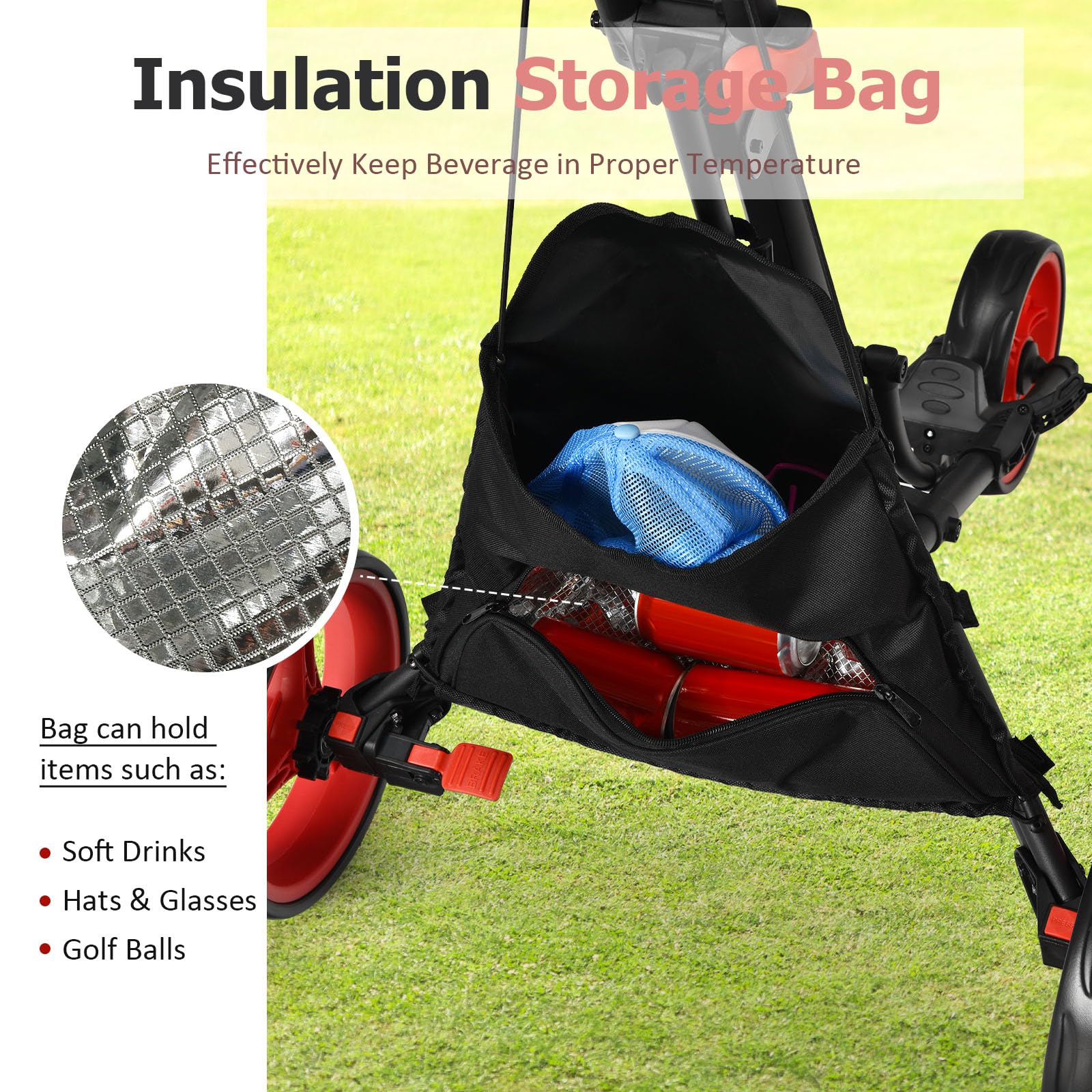 LIFEZEAL Carrito de Golf Plegable 3 Ruedas con Freno de Pie, Altura Ajustable, Paragüero, Portabotellas y Bolsa