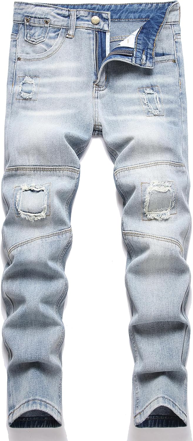 Boy's Ripped Biker Skinny Fit Jeans Comfy Stretch Stylish Moto Denim Jeans Pants