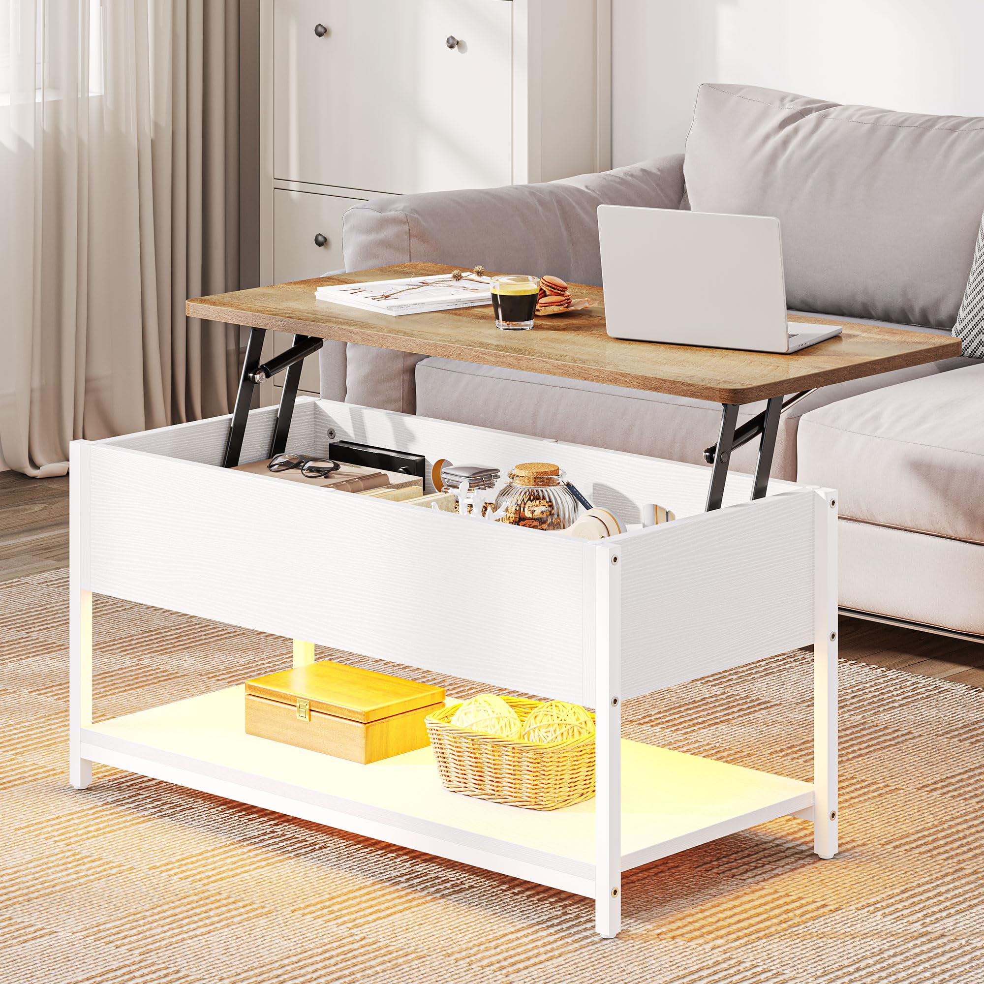 YITAHOME Mesa de Centro Elevable con LED, 2 USB y 2 Enchufes, Mesa de Café para Salón con Espacio Abierto y Oculto, 100X50X48cm, para Comedor, Dormitorio, Oficina