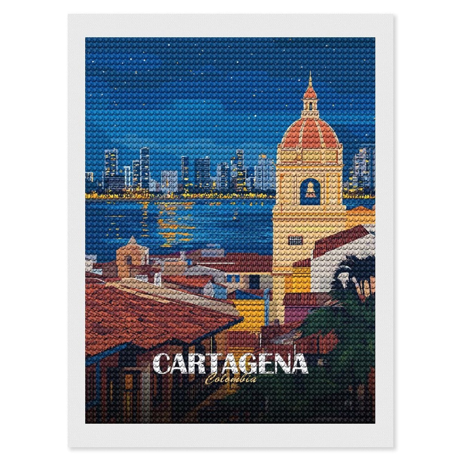 Junmoney Cartagena Colombia Cityscape at Night Diamond Painting Set 12"x16", for Adults, Decorate Your Room, Thoughtful Handmade Gift, Boho Decor, with Tool Kit