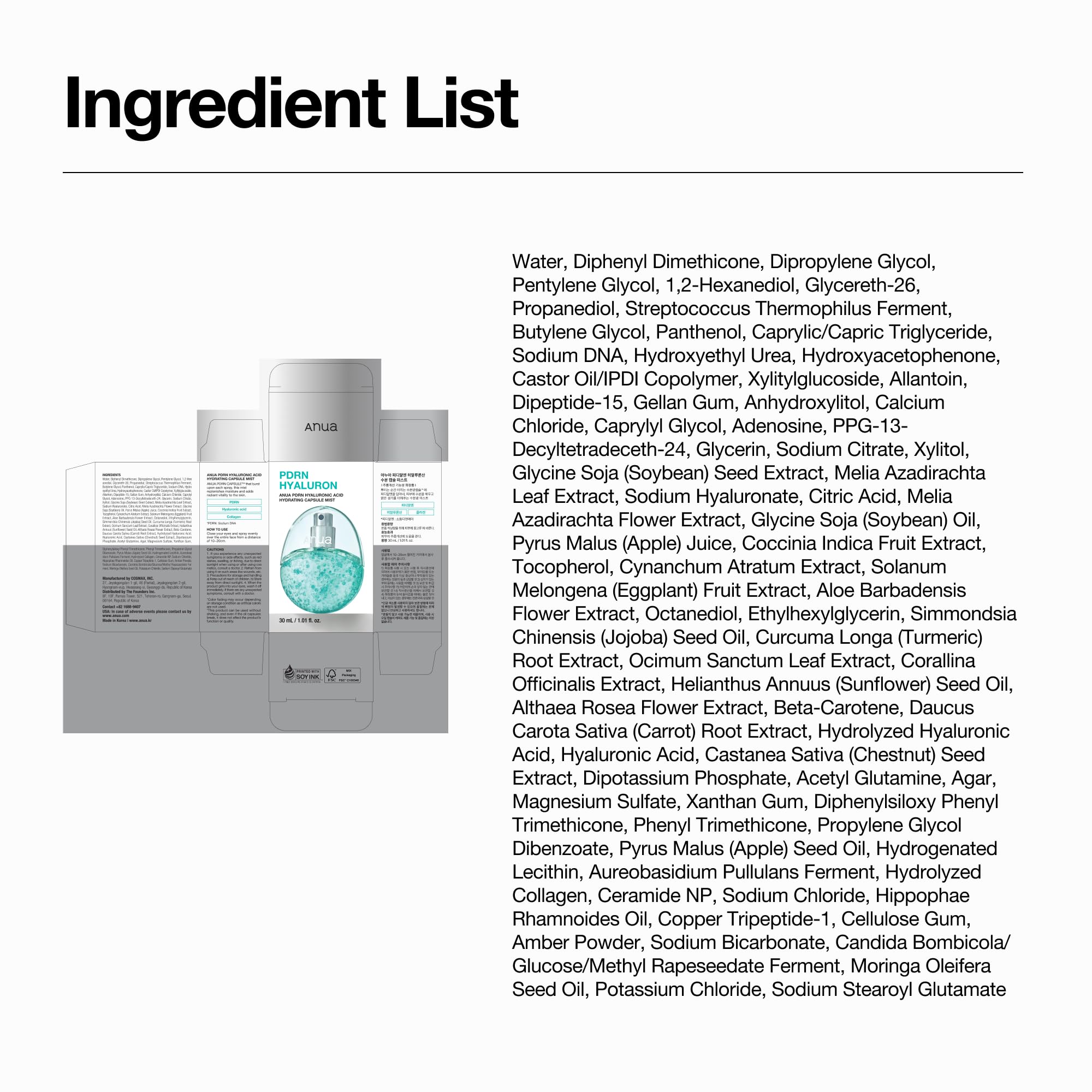 Anua PDRN Collagen Glow Facial Serum Spray - Mist viso PDRN con Acido ialuronico, Effetto glass skin, Idratazione rimpolpante immediata, Cura rassodante e rinfrescante, Skincare coreana (30 ml)
