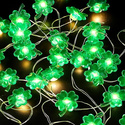 PEUTIER Guirnalda de luces de 13.12 pies para el día de San Patricio con control remoto, funciona con pilas, luces de trébol verde de 4 hojas, 40