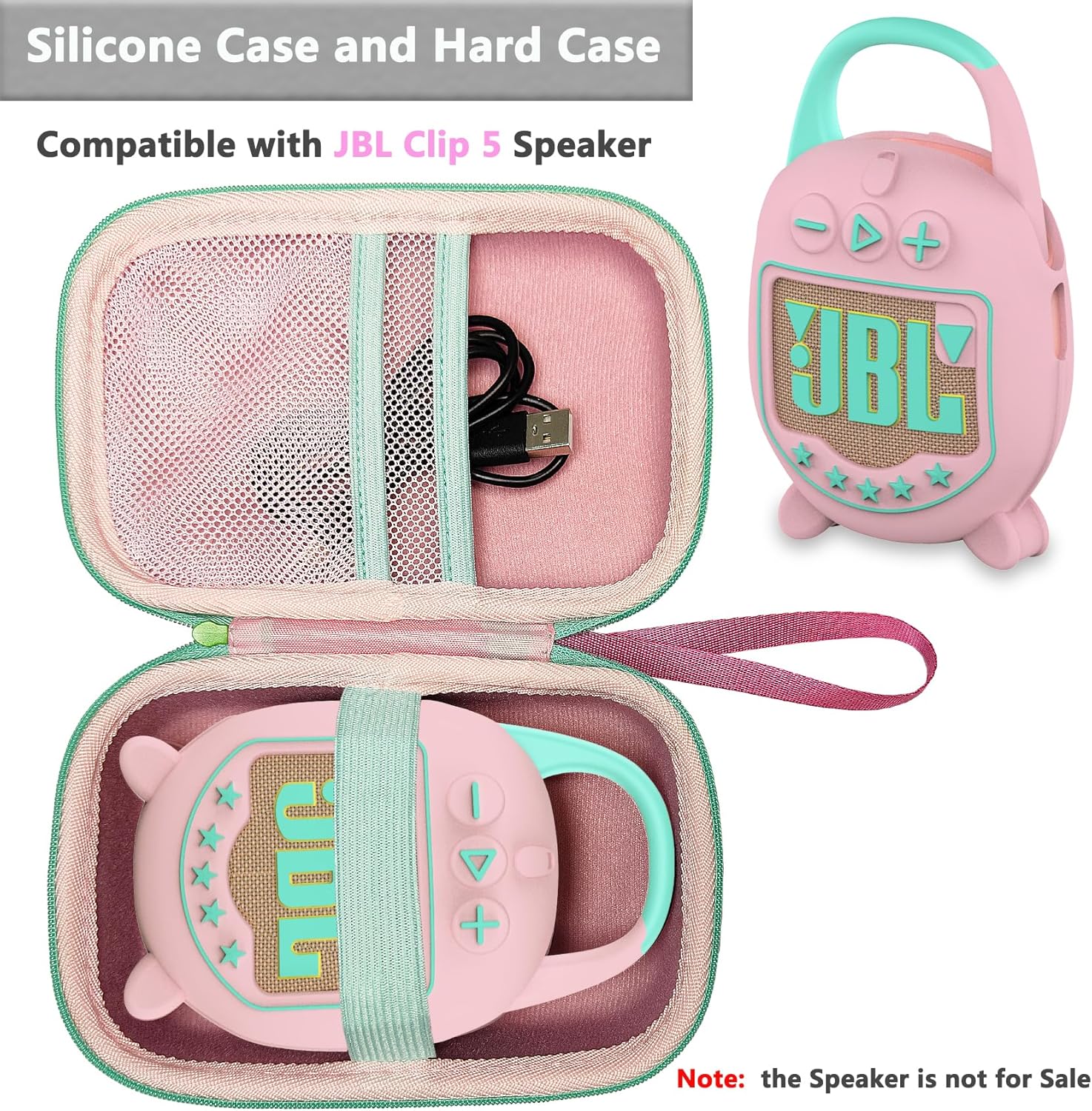 Hard Case and Silicone Cover for JBL Clip 5 Ultra Portable Bluetooth Speaker Accessories, Soft Silicone Case for JBL Clip 5 Speaker Stand Up Holder (Pink) - Image 3