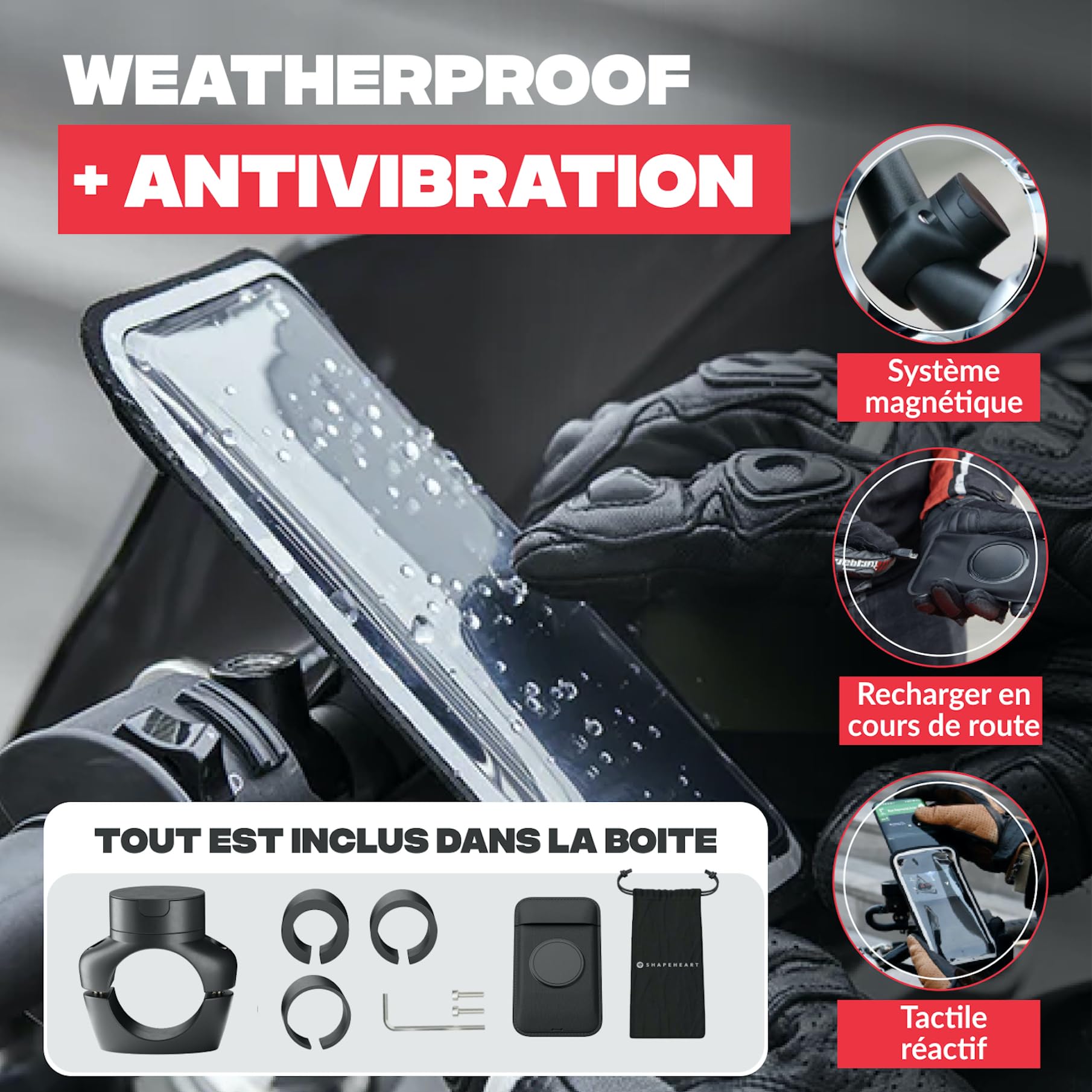 Shapeheart Support Téléphone Moto Pro Magnétique - Fixation Vissée Anti-Vibrations Guidon - Pochette Étanche XL Tactile - Housse Imperméable Moto, Scooter - Système Stable et Amovible