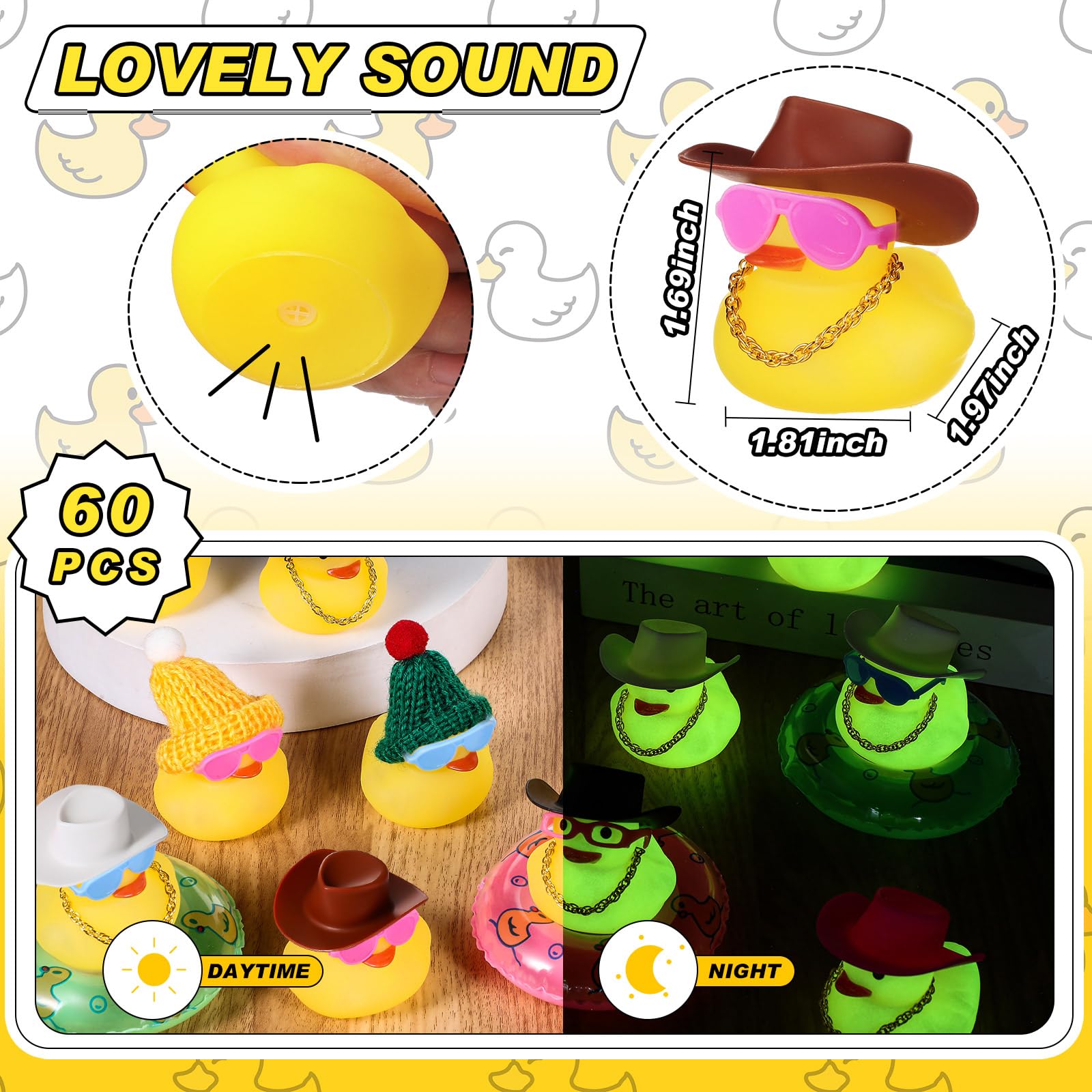 Sratte 140 Pcs Glow in The Dark Rubber Ducks Summer Mini Luminous Light Up Bulk Fluorescent Bath Toy Assorted Duck Sunglasses Necklace Swim Circle Hat for Baby Shower Party Gift