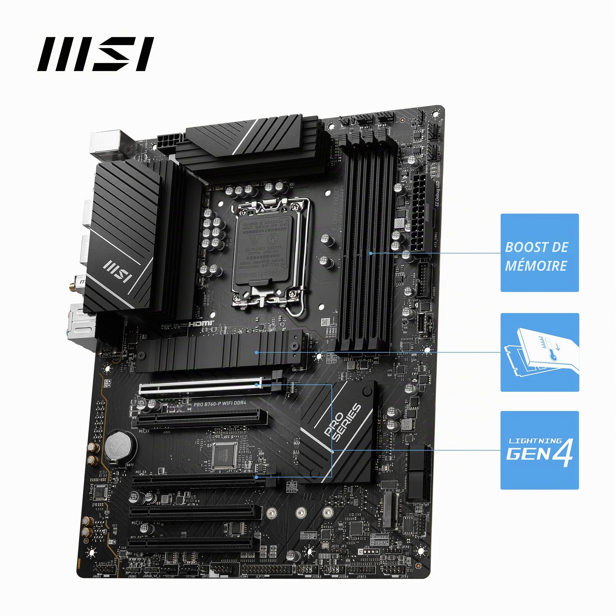 MSI Pro B760-P WiFi DDR4 Carte mère, ATX - pour Les processeurs Intel Core 14ème, 13ème et 12ème gén, LGA 1700 - DDR4 Memory Boost 5333+MHz/OC, Slot PCIe 4.0 x16, Slots M.2 Gen4, 2.5G LAN, Wi-FI 6E
