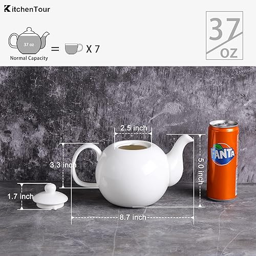 Miniatura 2 de KitchenTour - Ollas de té de porcelana inglesa -37 onzas para hojas sueltas y florecientes, olla de cerámica de porción fina con agujeros de colador