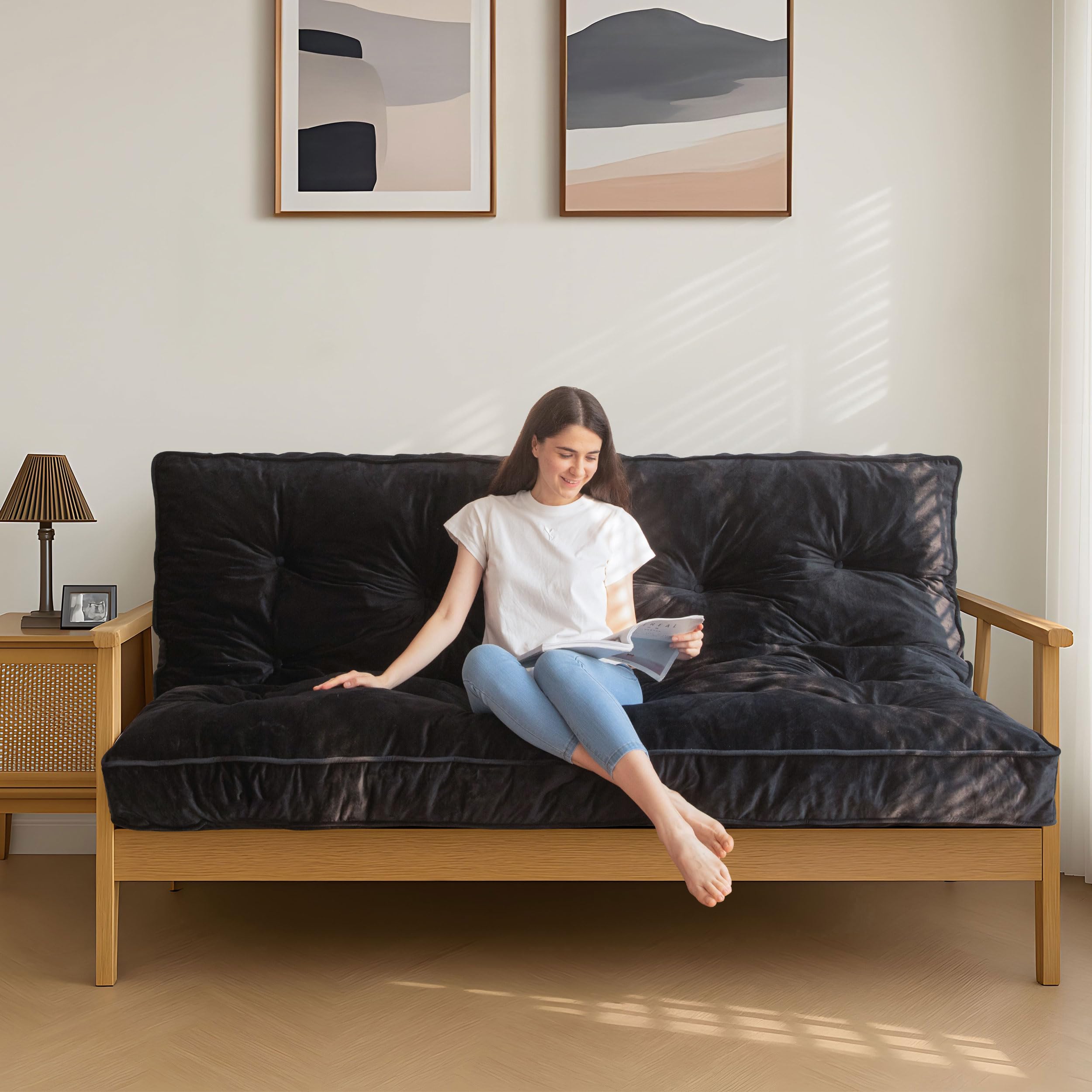 MAXYOYO 6" Futon Mattress Queen Size, Velvet Thick Futons Sofa Couch Bed, Versatile Floor Mattress for Adults, Shredded Foam Filling (Frame Not Included), Black
