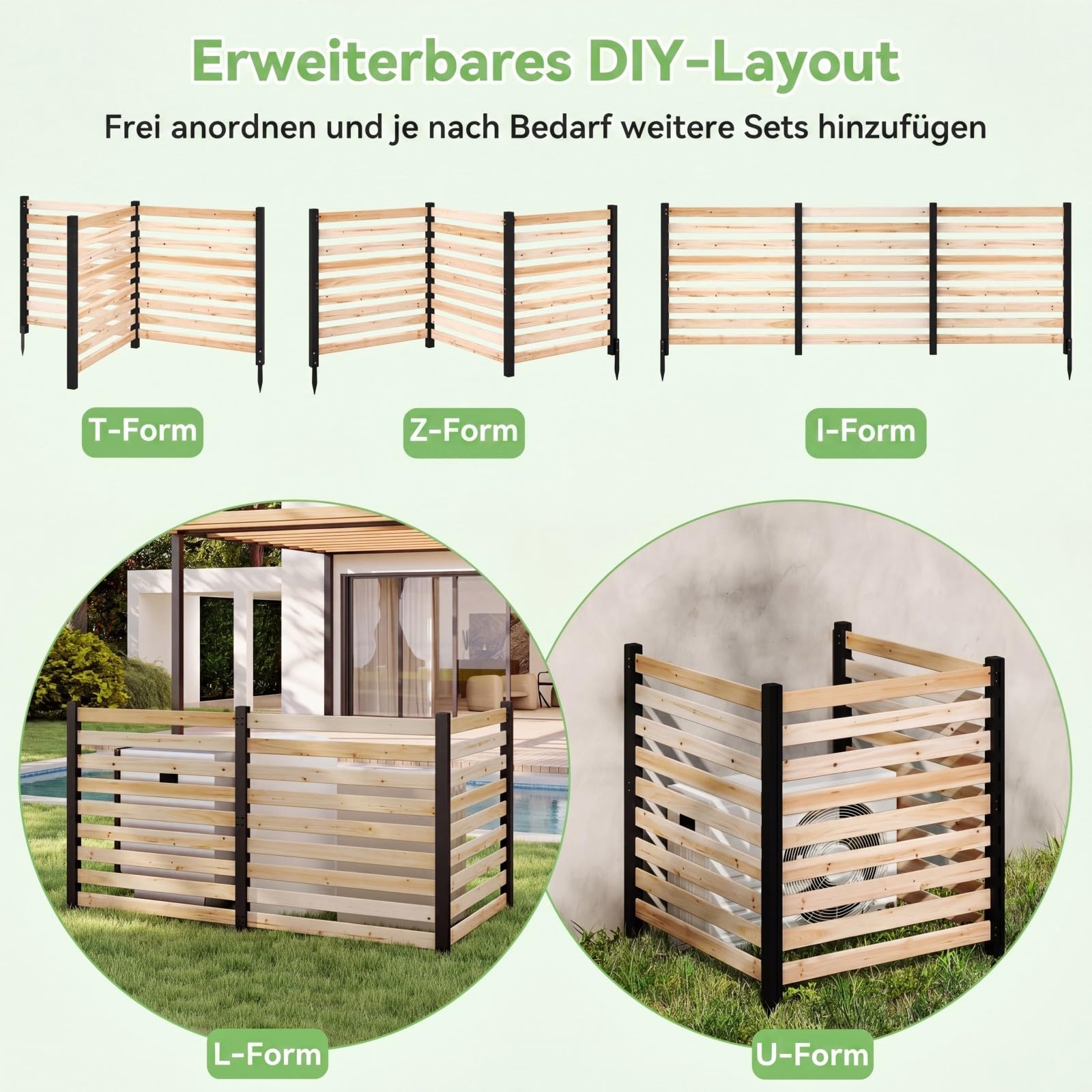 COSTWAY Gartenzaun 3-teilig, Zaun mit 4 Pfählen, 98 x 107 cm, Sichtschutzzaun aus Holz, Steckzaun Lamellenzaun, Tannenholz, freistehender Sichtschutz für Garten Terrasse, Natur