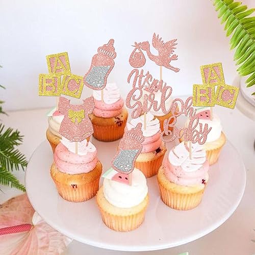 Miniatura 5 de 30 piezas de decoración de cupcakes para baby shower, vestido con lazo con purpurina, biberón para cupcakes "It's a Girl", decoración de pasteles
