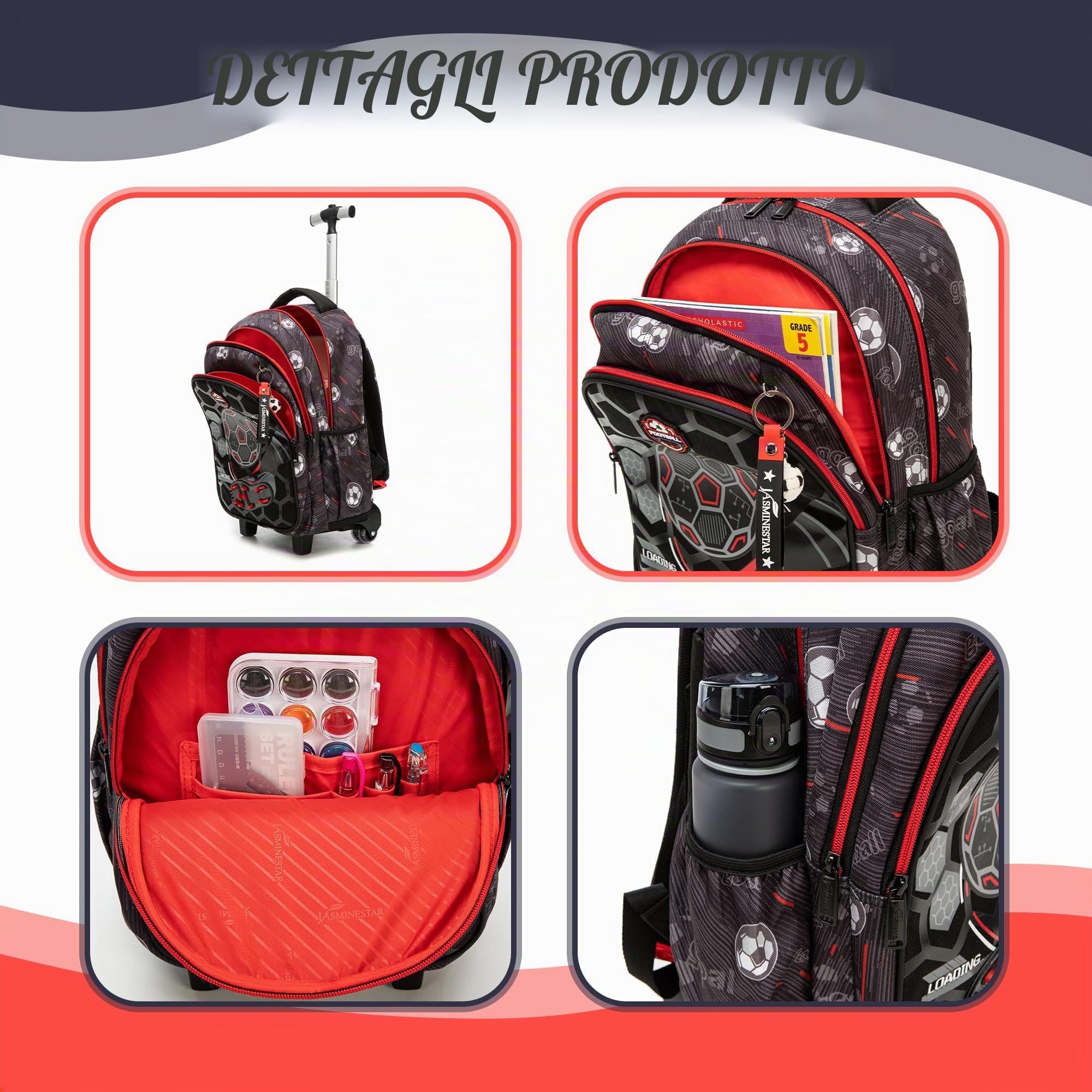 HTgroce Zaino Trolley Scuola Elementare Bambino (Calcio) – Grande Zaino con Ruote per Ragazzi & Cartella Scolastica – Bagaglio a Mano per Scuola & Viaggi